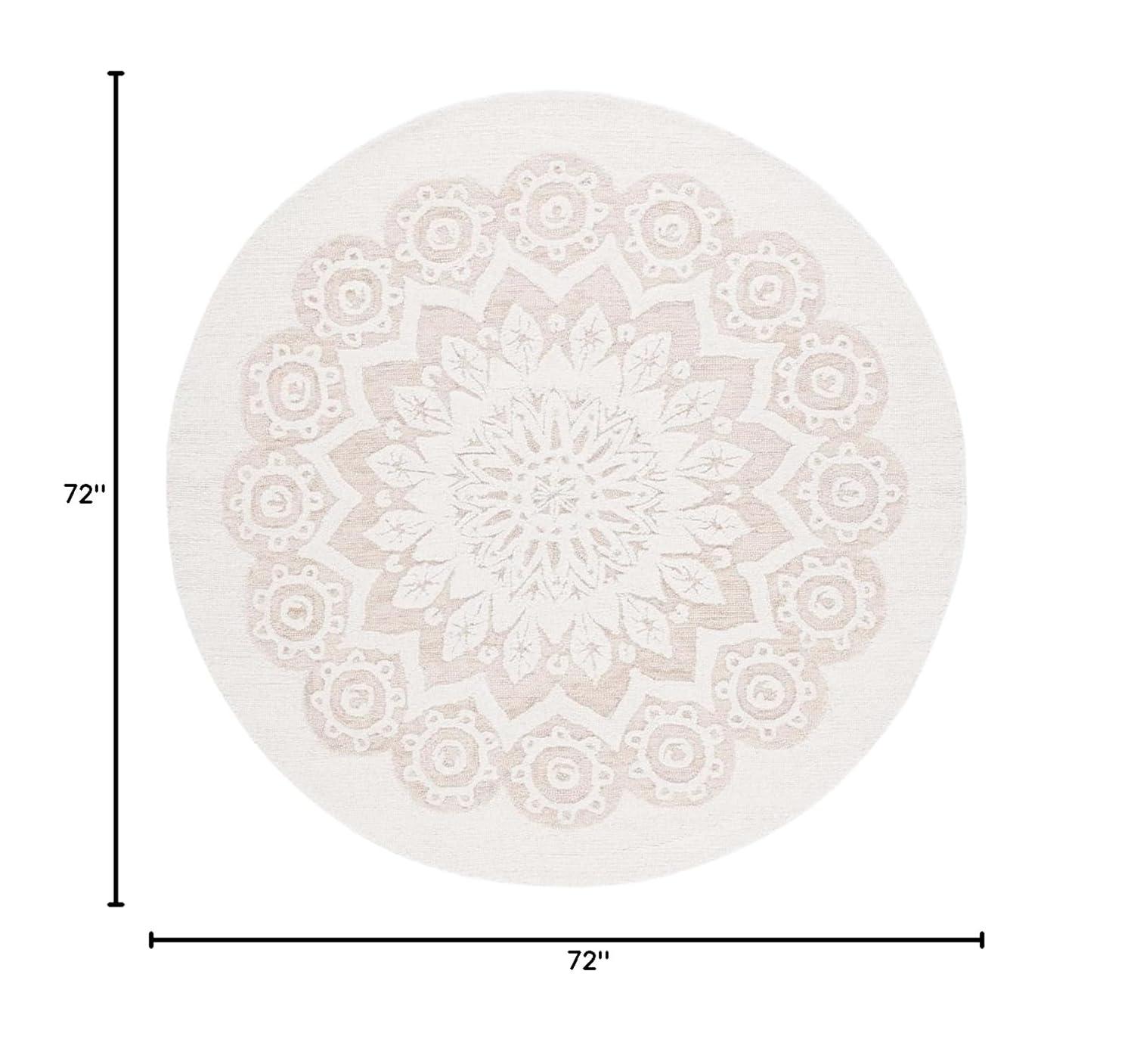 Ivory and Light Brown Round Floral Wool Tufted Area Rug