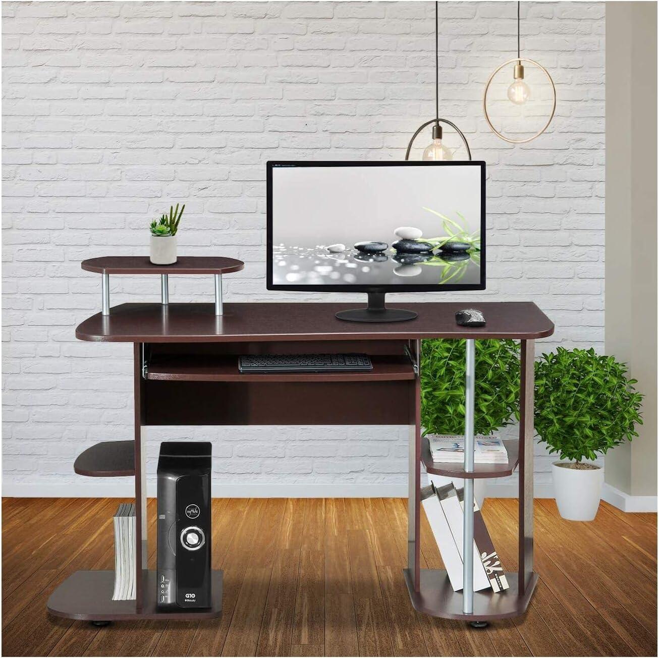 Elegant Chocolate MDF Computer Desk with Keyboard Tray and Storage