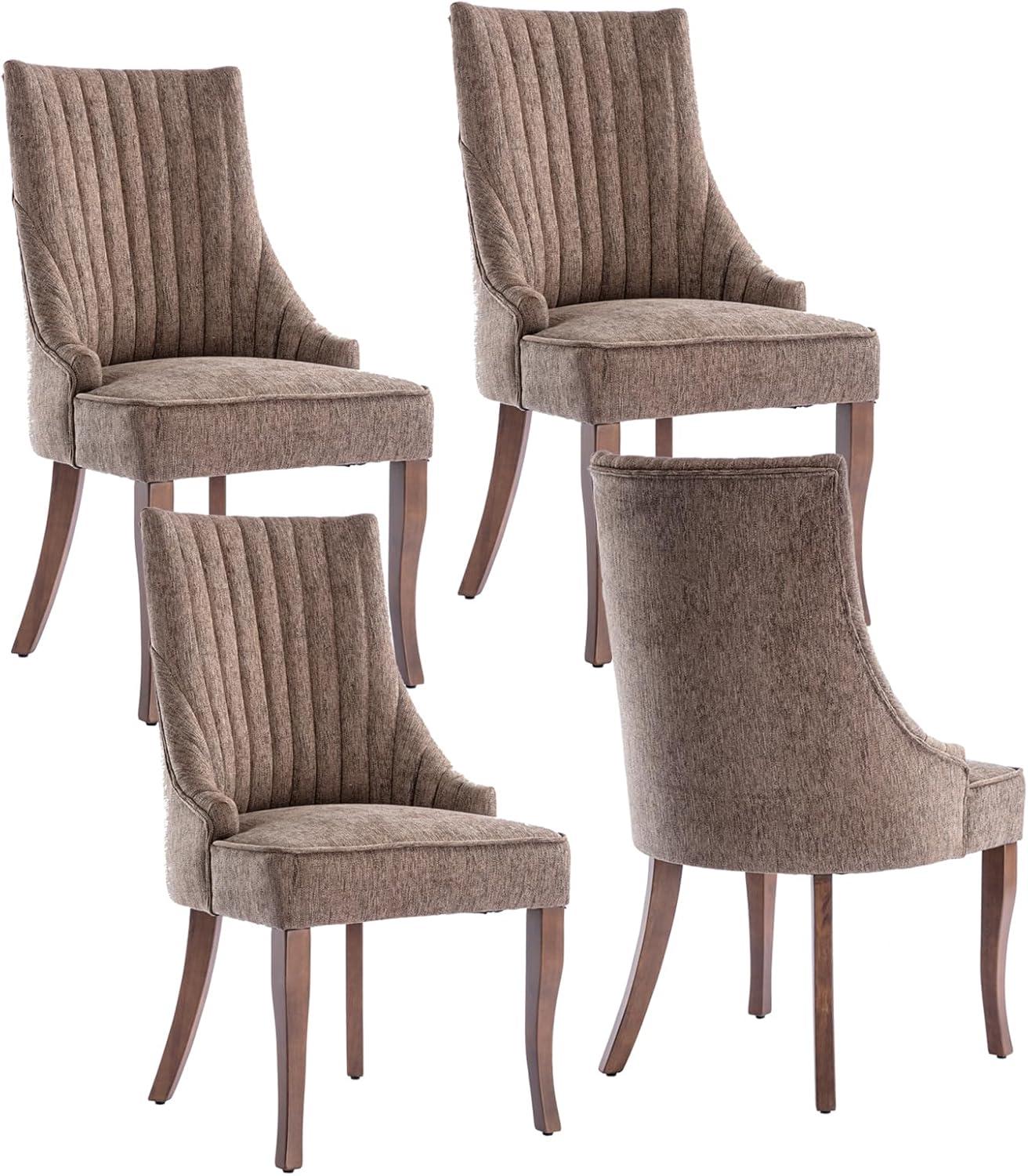 mikibama Linen Dining Chairs Set of 4 Channel Tufted Kitchen Dinner Chair Comfy Fabric Upholstered Accent Chair for Dining Room with Solid Wood Legs (Brown 4pc)