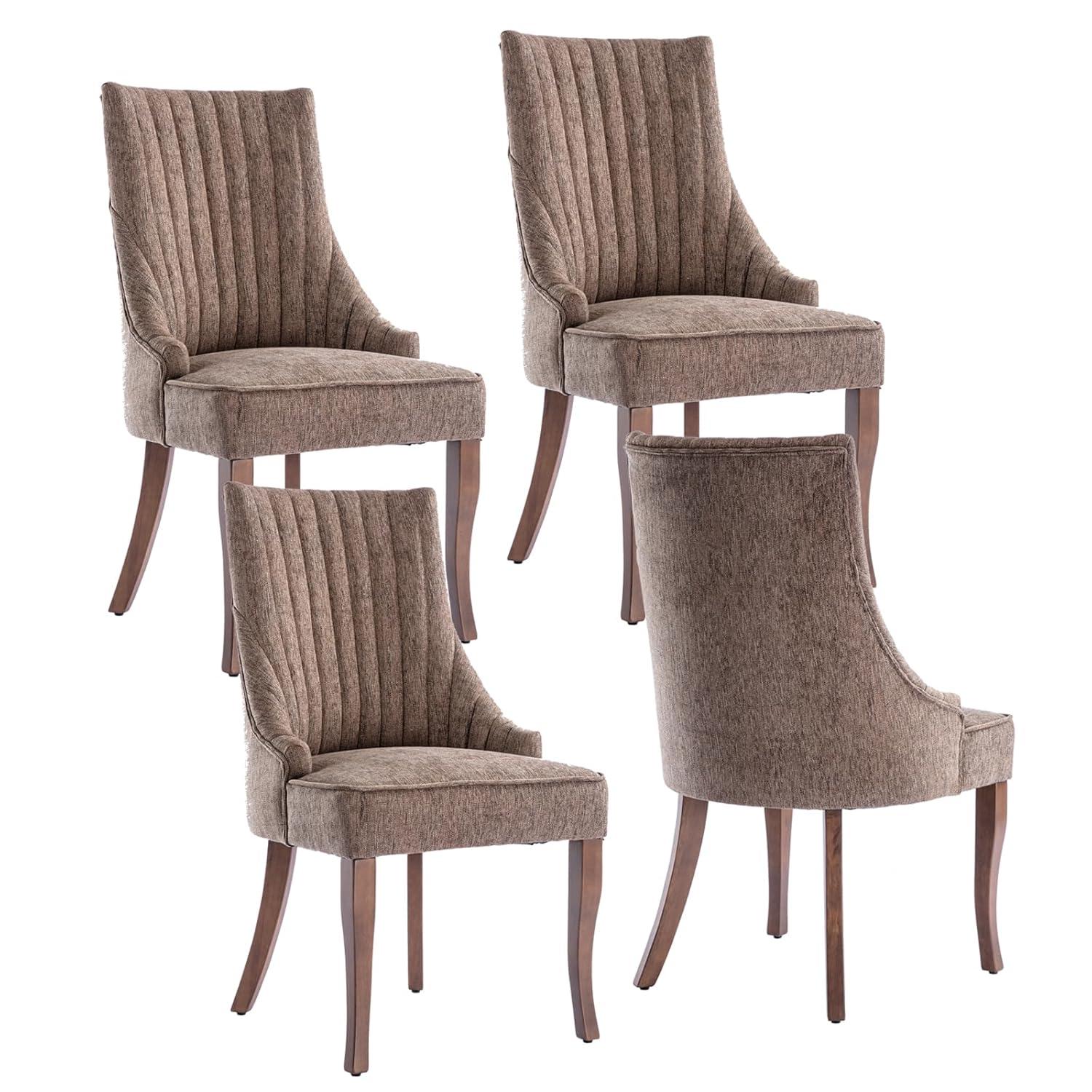 mikibama Linen Dining Chairs Set of 4 Channel Tufted Kitchen Dinner Chair Comfy Fabric Upholstered Accent Chair for Dining Room with Solid Wood Legs (Brown 4pc)