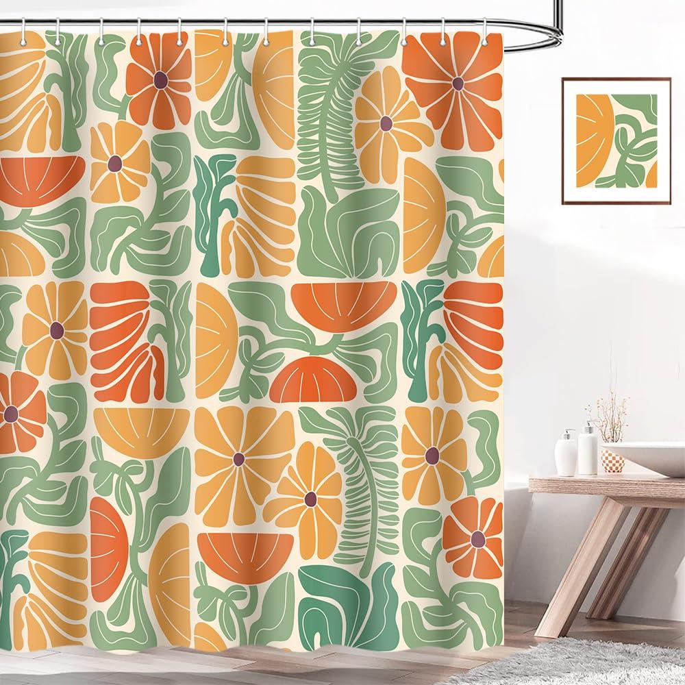 Lark Manor™ Boho Abstract Colorful Floral Shower Curtain, Vintage Retro Patchwork Orange Green Flower Botanical Geometric Bathroom Decor Shower Curtain Set With 17 Hooks,(Flower)