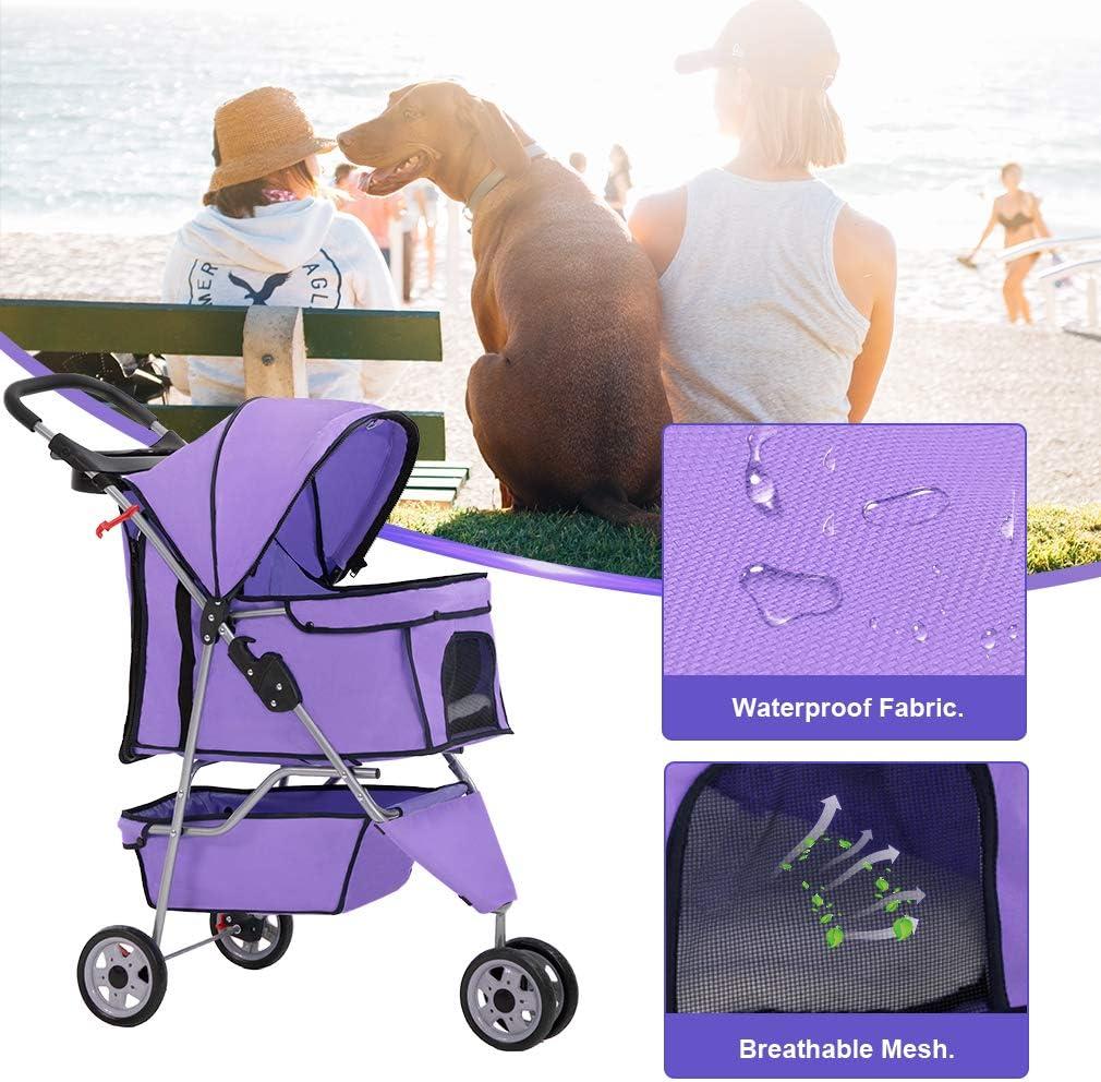 Dkelincs 3 Wheels Dog Cat Stroller Foldable Pet Stroller Travel Carrier with Cup Holder and Removable Liner, Purple