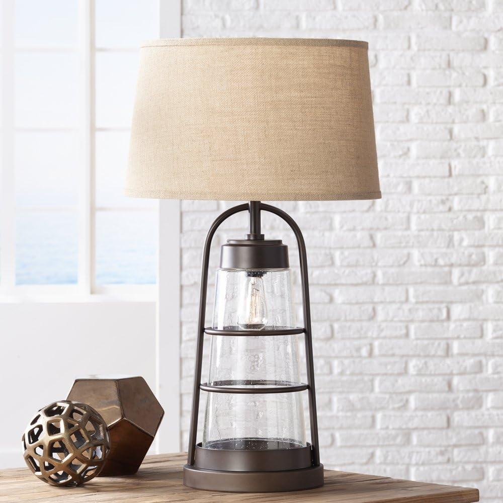 Franklin Iron Works Rustic Farmhouse Table Lamp 31" Tall with Nightlight Bronze Clear Seeded Glass Burlap Shade for Bedroom Living Room House Bedside