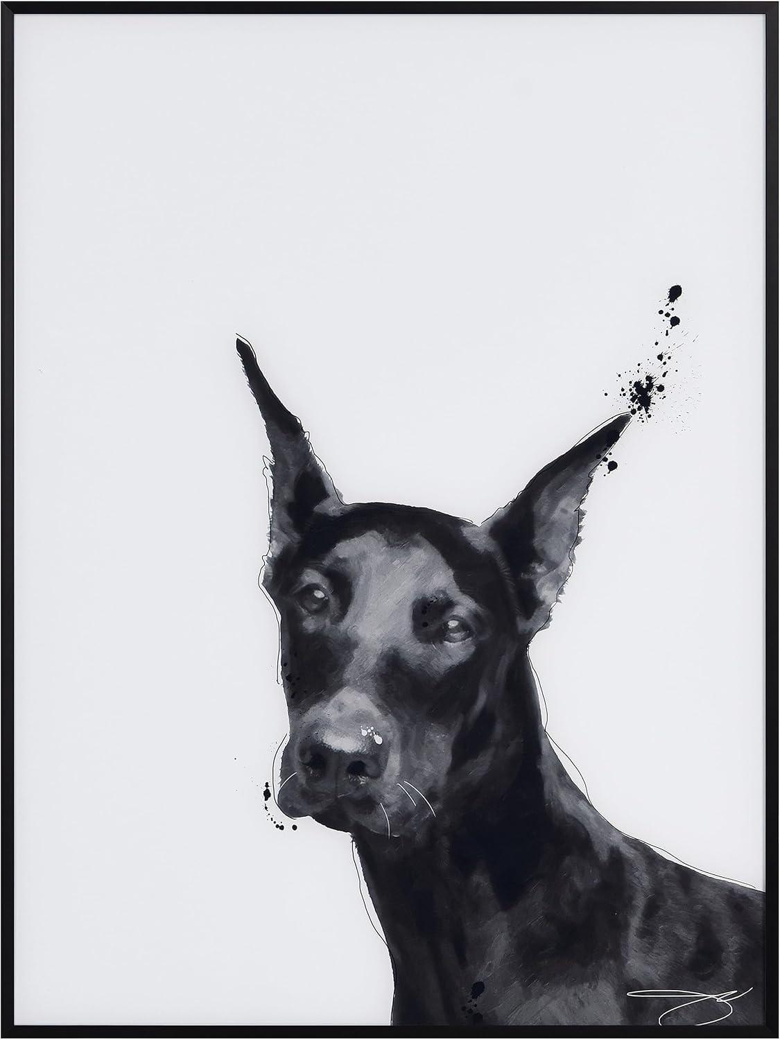"Doberman" Black and White Pet Paintings on Printed Glass Encased with a Gunmetal Anodized Frame