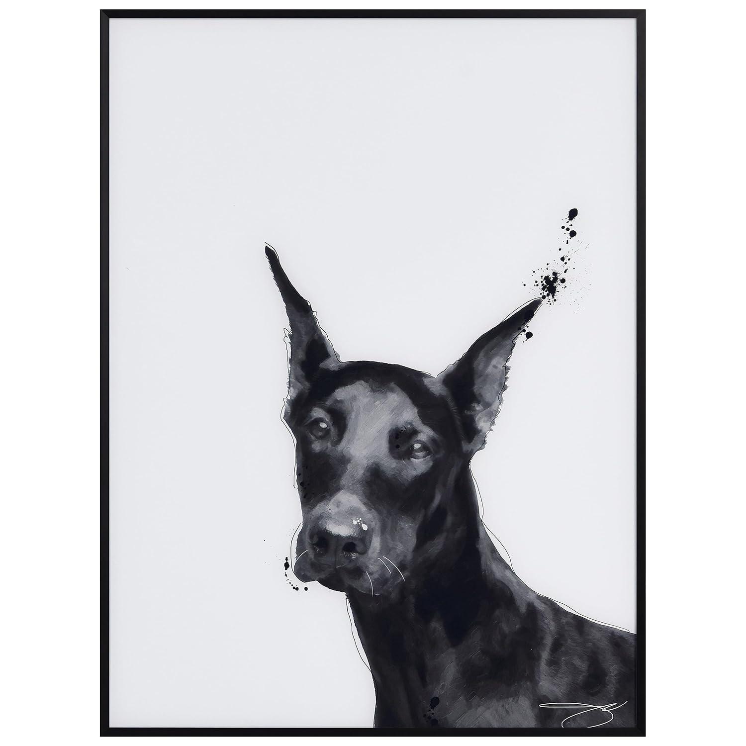 "Doberman" Black and White Pet Paintings on Printed Glass Encased with a Gunmetal Anodized Frame