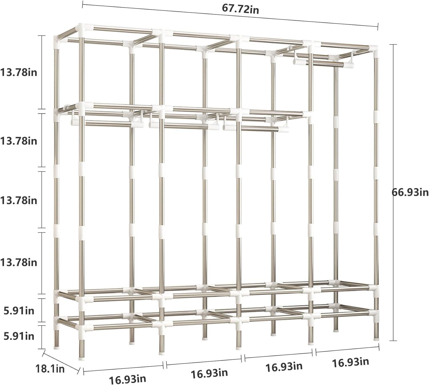 Large Portable Wardrobe with 4 Hanging Rods and Drawers, Armoire, Metal Storage Wardrobe Hangers, Upgraded Grey Non-Woven Dust Cover for Handing Closet,Large Closets for Bedroom