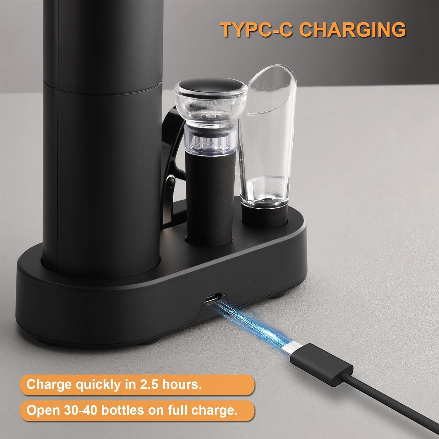 Rechargeable Electric Wine Opener, 5 in 1 set with Automatic Electric Wine Bottle Corkscrew Opener, Foil Cutter, Vacuum Stopper, Wine Pourer and Storage Charging Stand