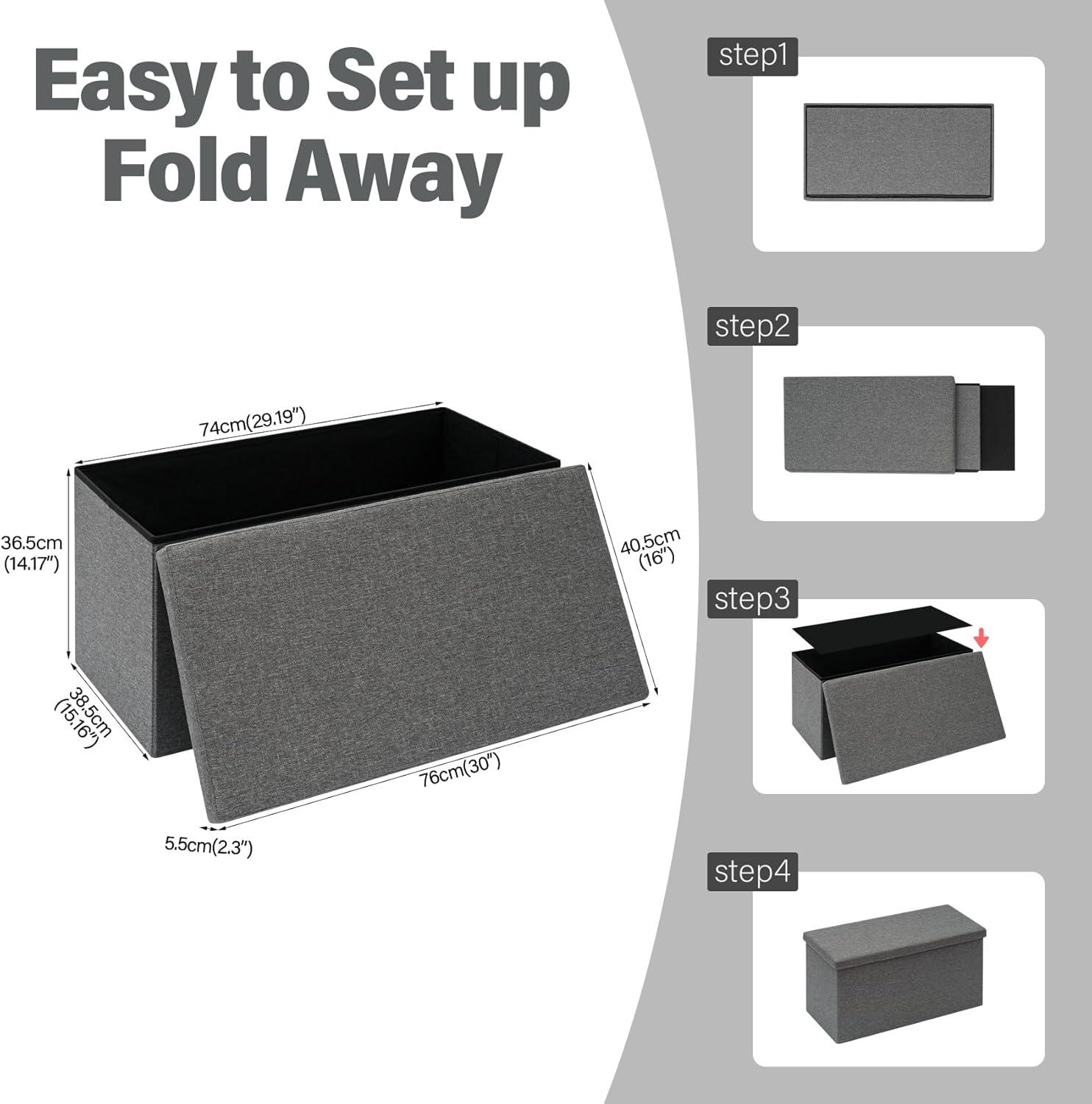 Folding Storage Ottoman Bench, Grey Storage Ottoman with Lid Tray, 30 inches Ottoman Coffee Table Cube Chair Foot Rest Stool Storage Toy Chest for Living Room Bedroom, Holds up to 550 lb