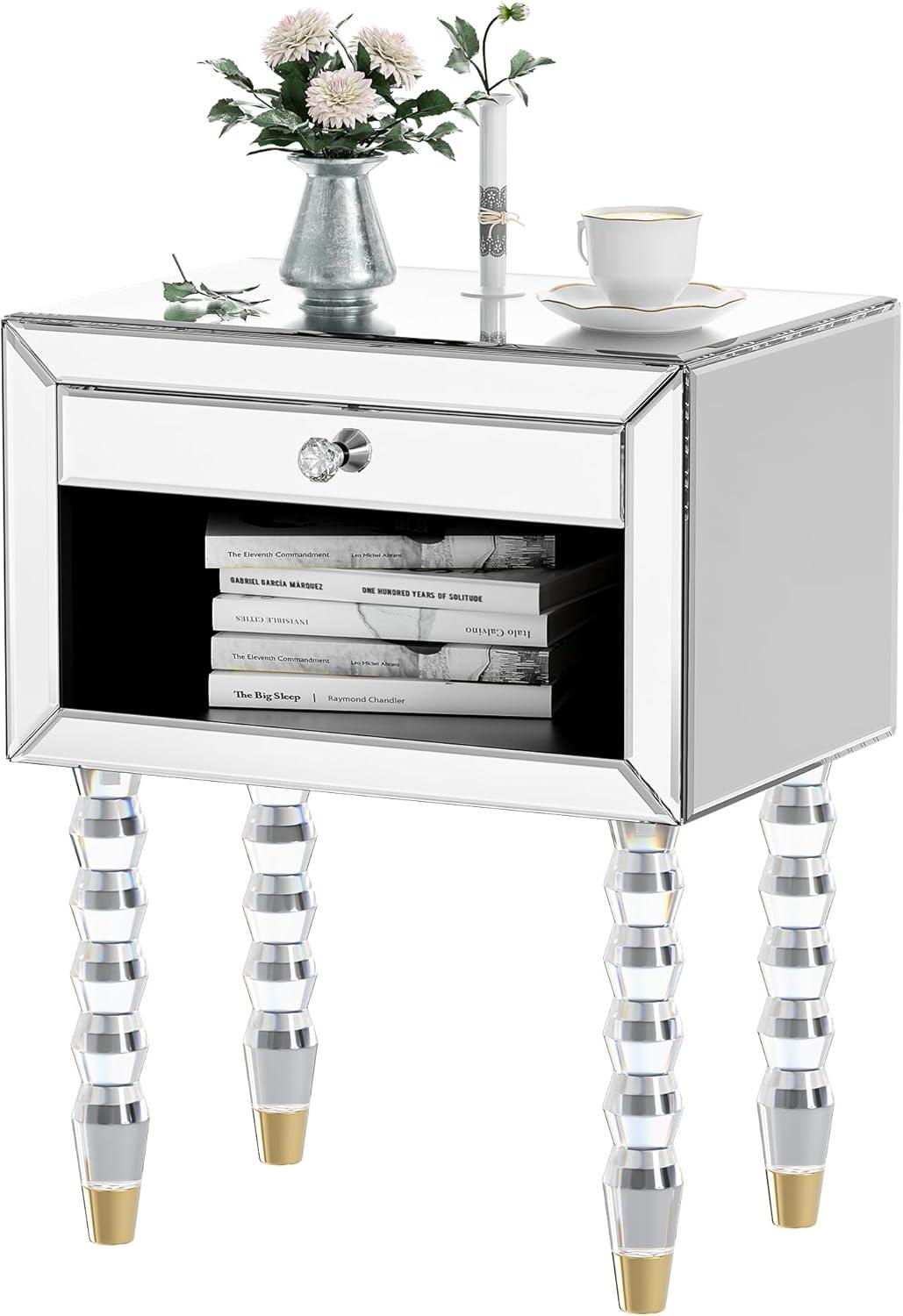 Mirrored Nightstand, Modern End Table with Drawer, Bedside Tables with Acrylic Legs for Bedroom, Living Room, Silver