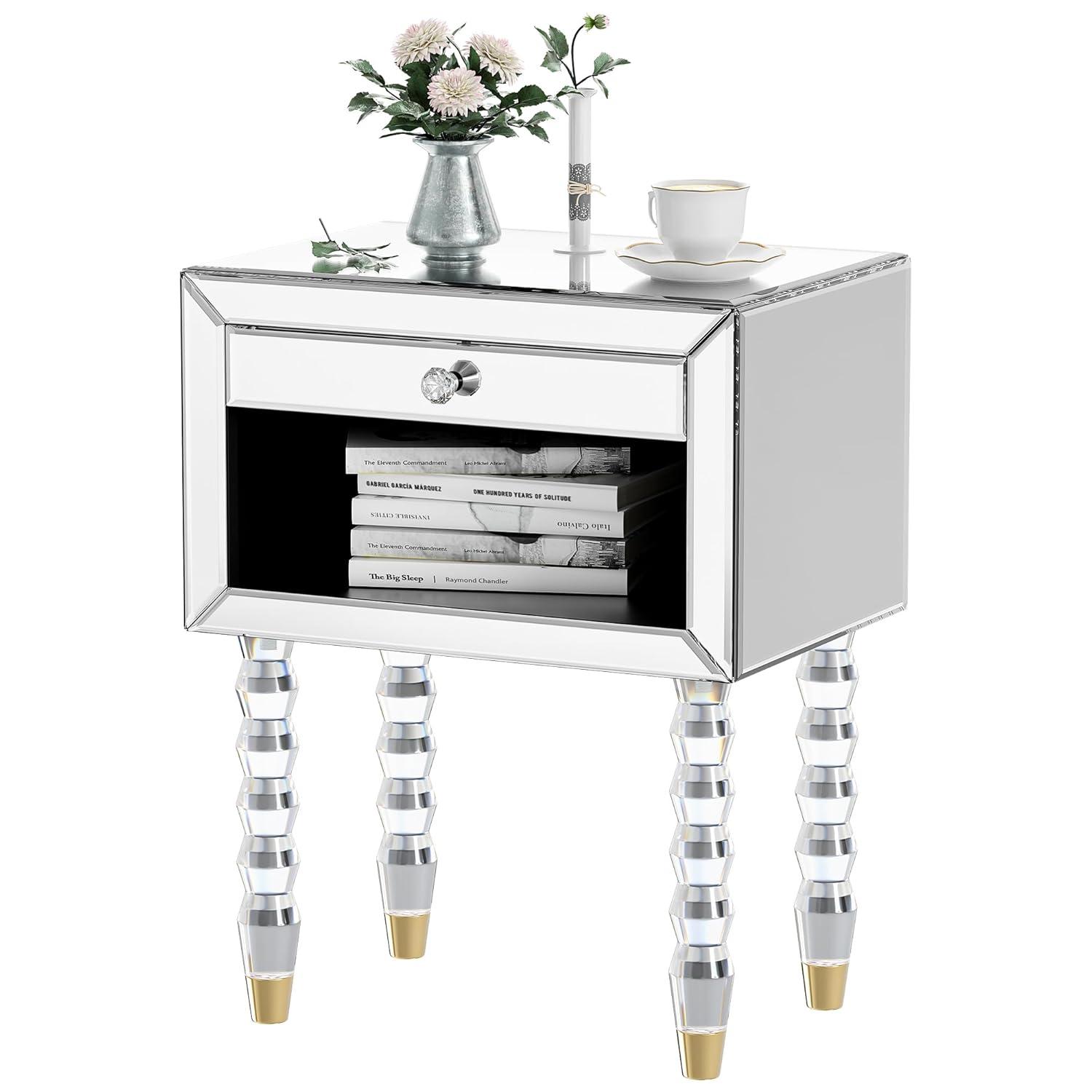 Mirrored Nightstand, Modern End Table with Drawer, Bedside Tables with Acrylic Legs for Bedroom, Living Room, Silver