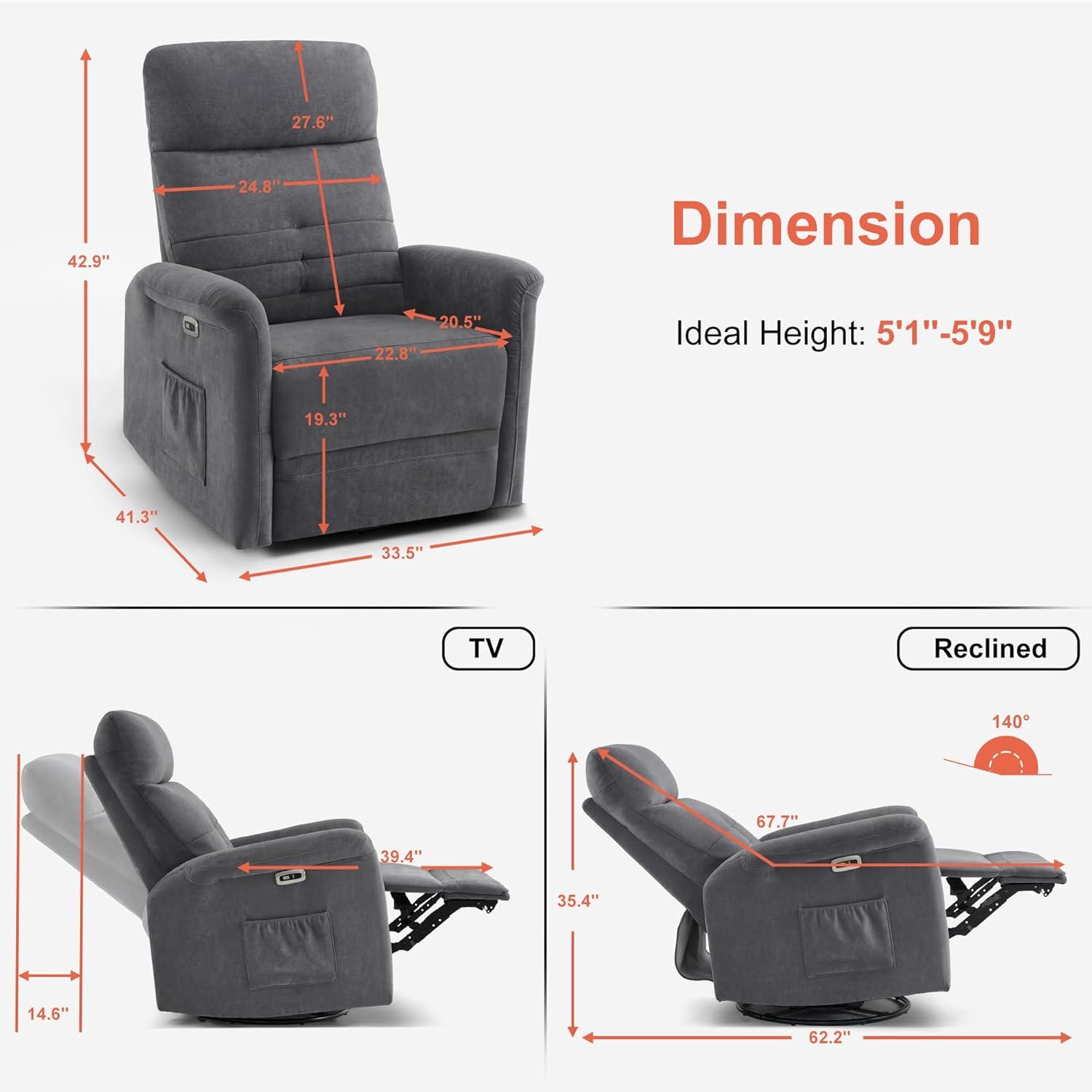 MCombo Fabric Power Recliner, Electric Swivel Glider Rocker Recliner Chair for Nursery with USB Ports, Side Pockets for Living Room, Small Space 7763