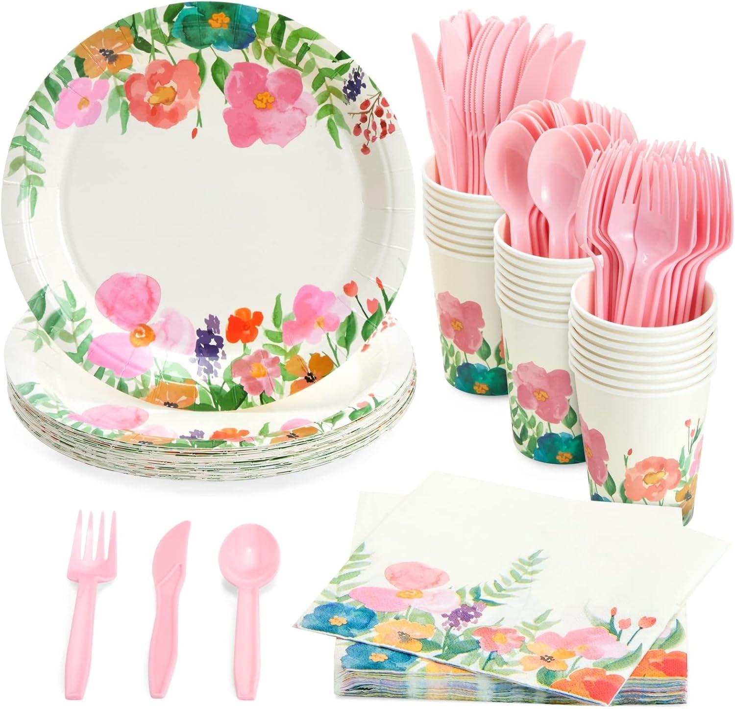 Juvale 144 Piece Watercolor Flower Tea Party Supplies, Includes Disposable Floral Paper Plates, Napkins, Cups, Cutlery