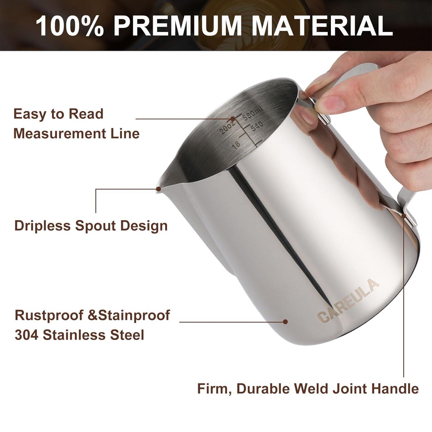 Milk Frothing Pitcher, 20oz Stainless Steel Milk Frother Cup Steaming Pitcher, Coffee Bar Cappuccino Espresso Machine Accessories Barista Tools, Metal Pitcher Milk Jug with Decorating Latte Art Pen