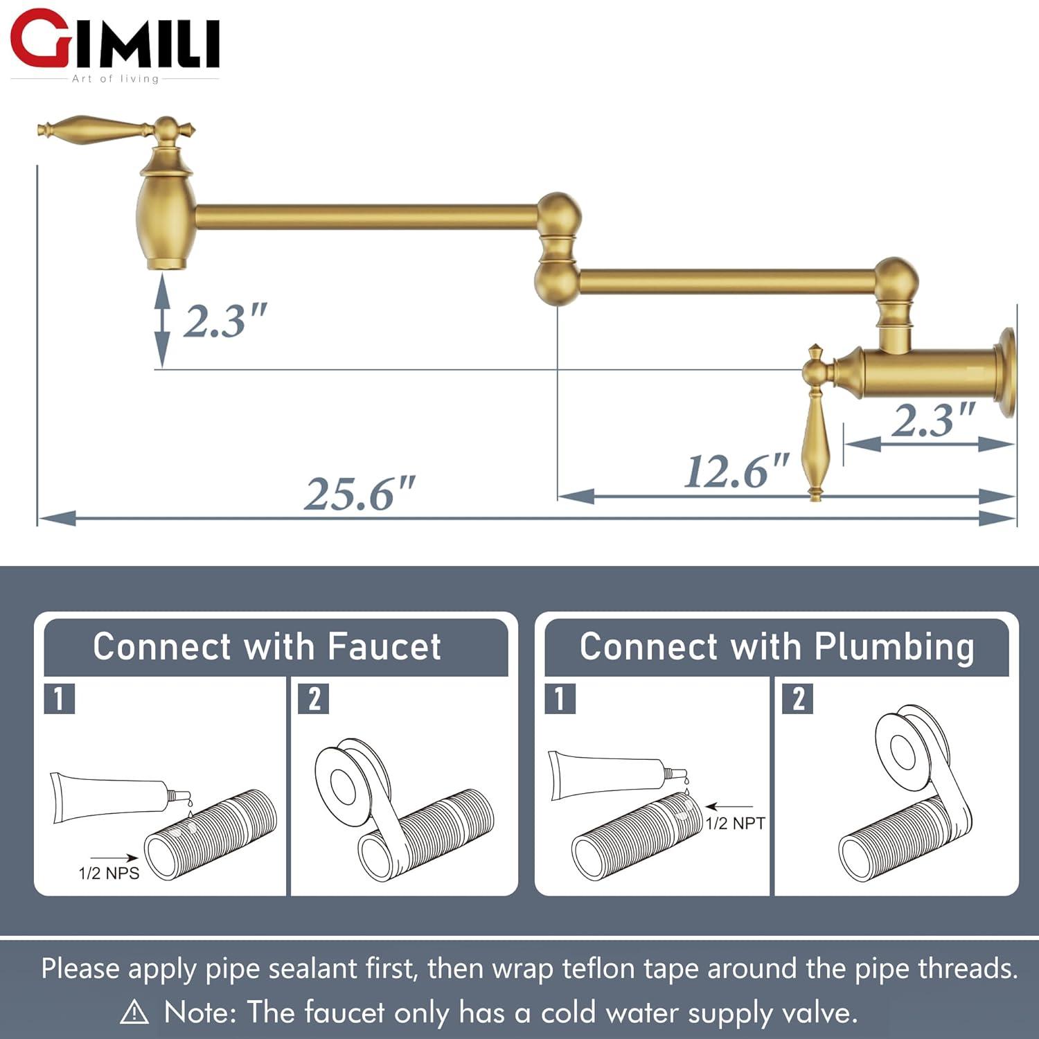 GIMILI Brushed Gold Pot Filler Faucet Wall Mount Kitchen Faucets Over Stove Faucet Folding Faucet with Double Joint Swing Arms