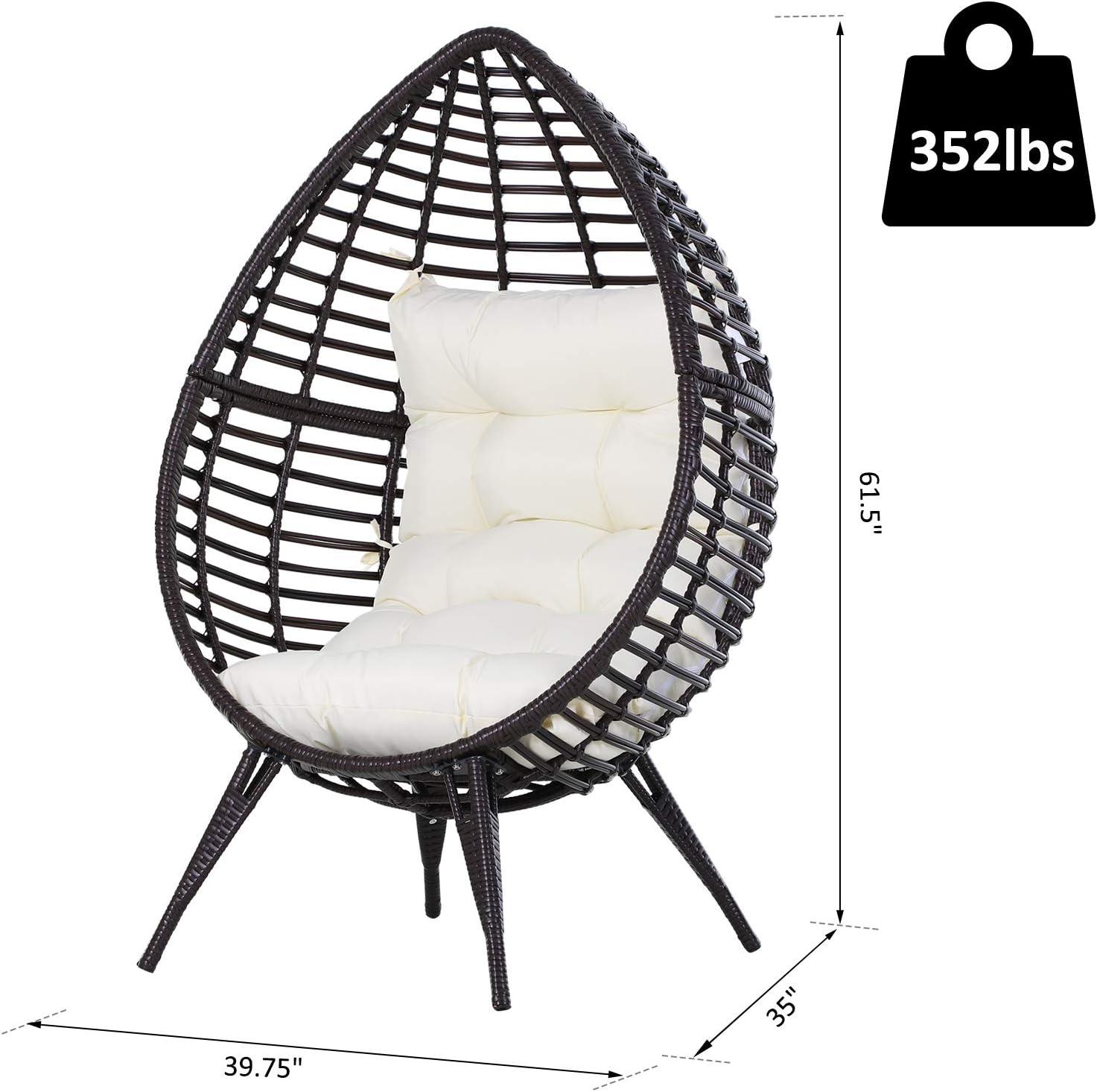 Outsunny Wicker Egg Chair, Oversized Indoor Outdoor Boho Lounge, Hand-Woven Water-Safe PE Rattan Furniture with Cushion, Beige