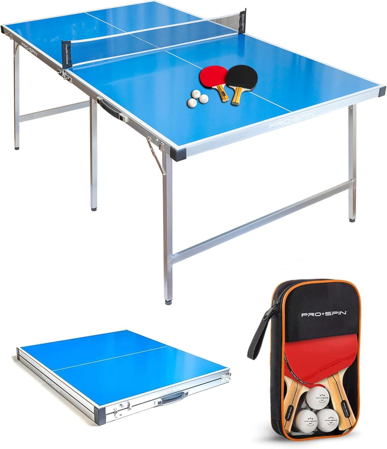 PRO-SPIN Midsize Ping Pong Table & High-Performance Ping Pong Paddle 2 Player Set, Foldable, Portable, Indoor/Outdoor