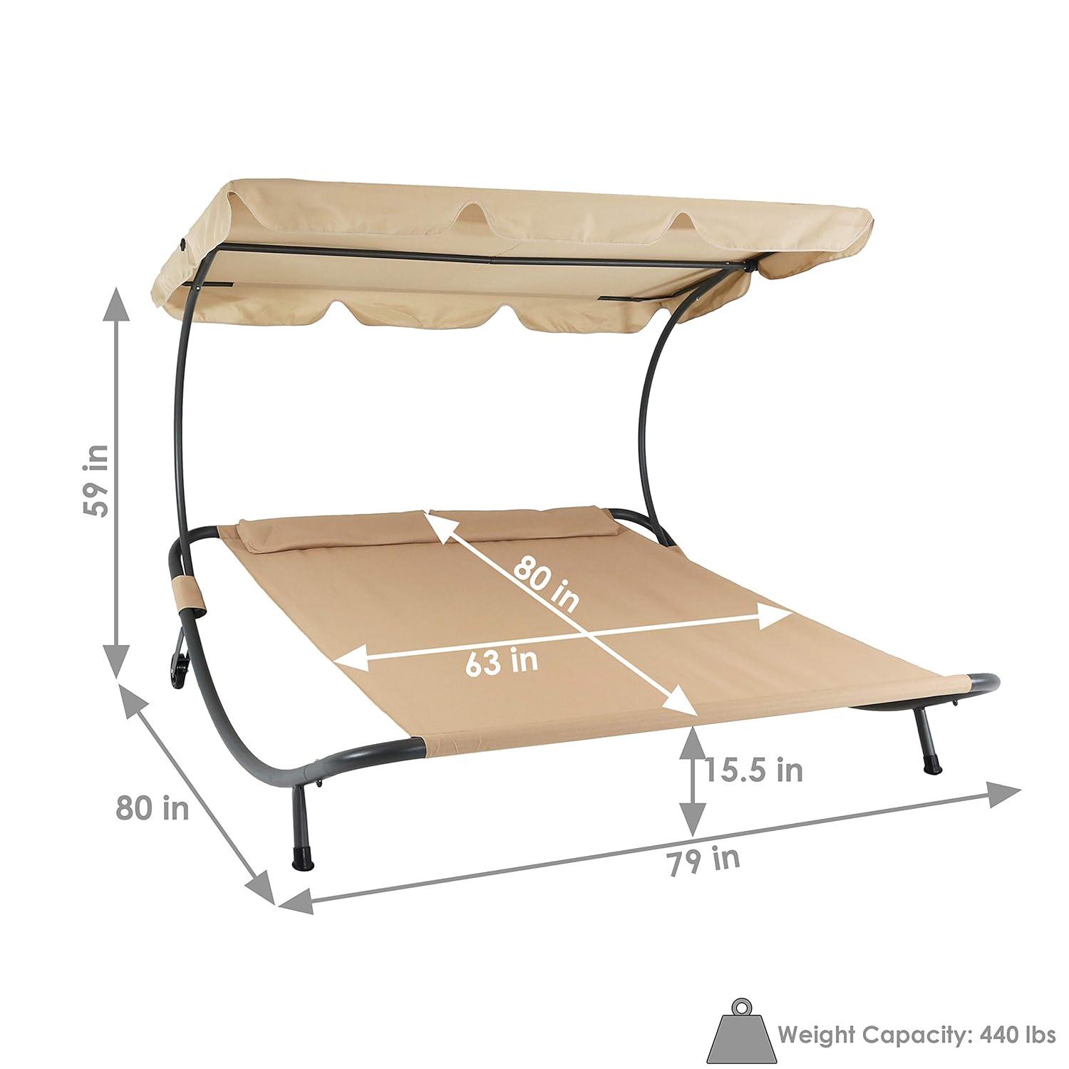Sunnydaze Outdoor Double Chaise Lounge Bed with Canopy Shade and Headrest Pillows, Beige