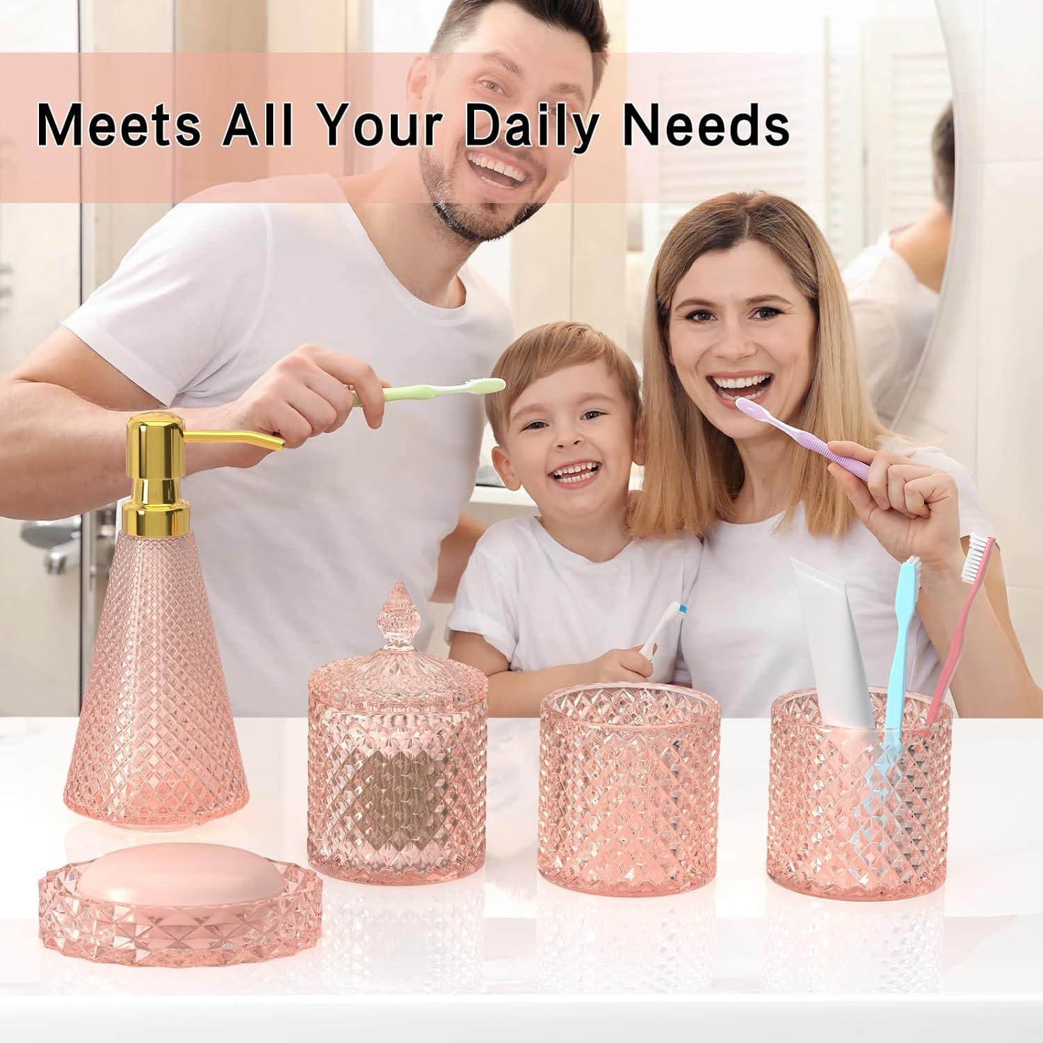 Pink Diamond-Cut Glass and Gold Bathroom Accessory Set