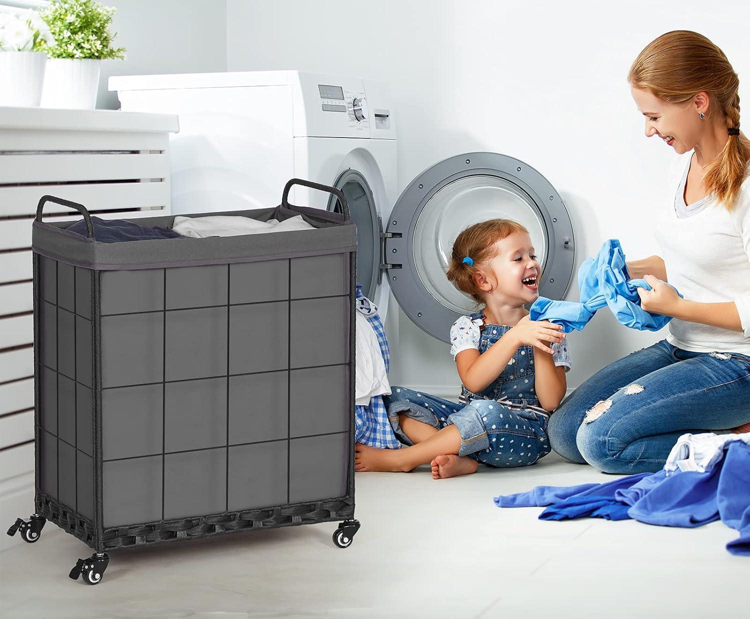 Gray Collapsible Laundry Hamper with Wheels and Lid