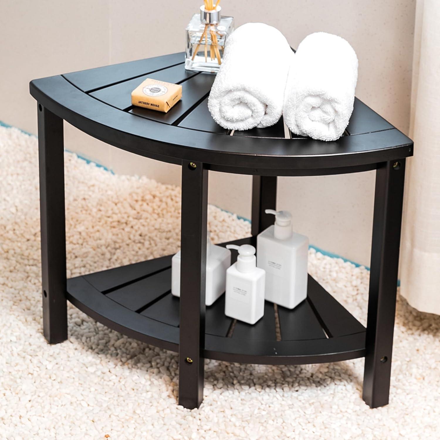 Black Bamboo Corner Shower Bench with Storage Shelf