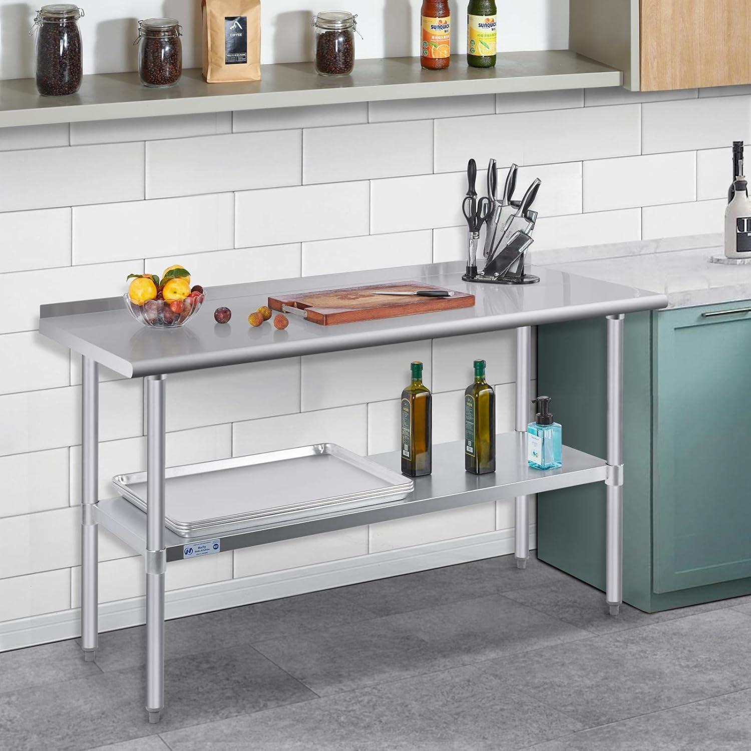 Hally Sinks & Tables HStainless Steel Table for Prep & Work 24 x 72 Inches, NSF Commercial Heavy Duty Table with Undershelf and Backsplash for Restaurant, Home and Hotel