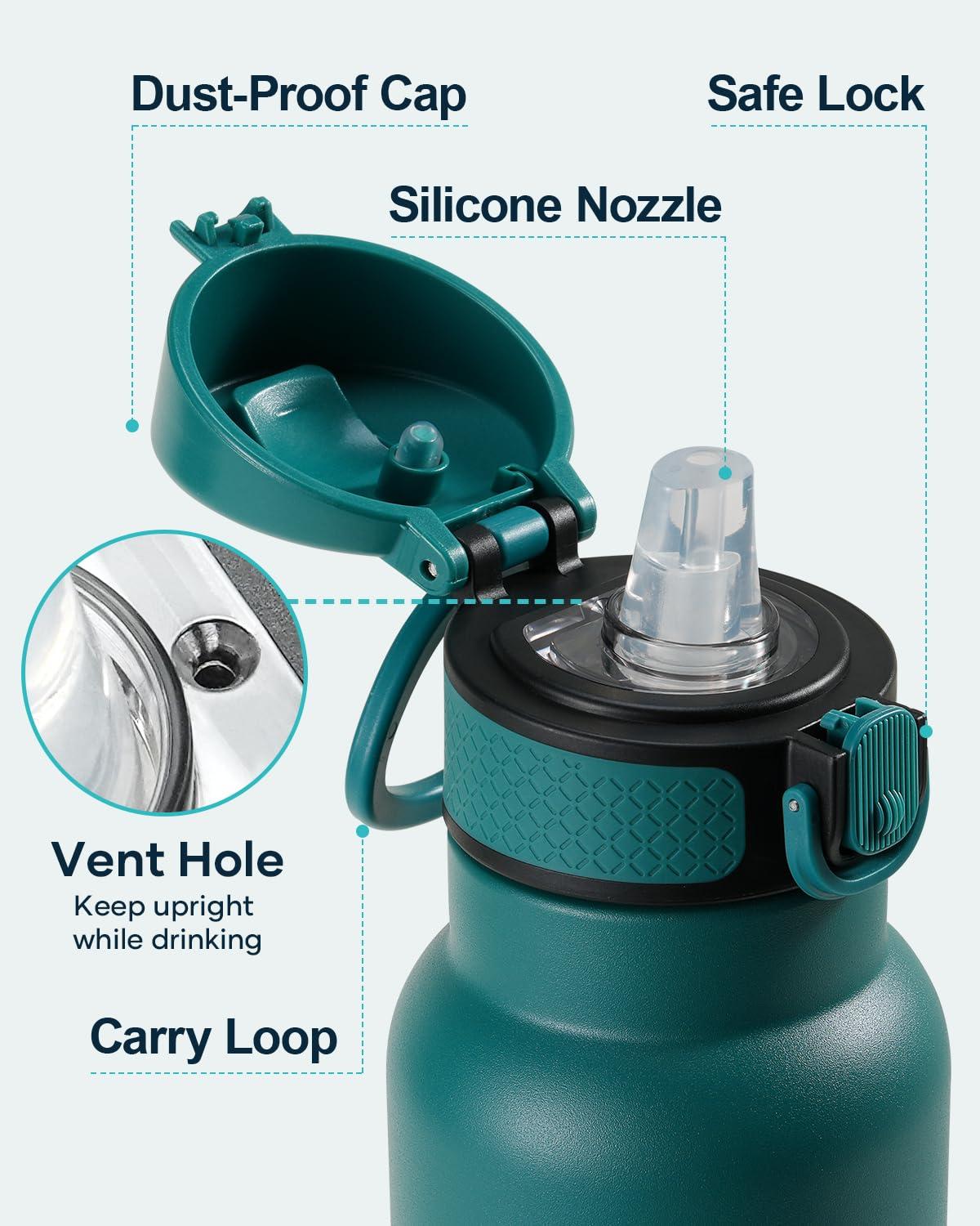 Buzio 32 oz Insulated with Straw & Brush Vaccum Stainless Steel Metal 3 Lids Water Flask for Sports, Gym or Office Keep Cold 48H Hot 24H，Pacific Prince