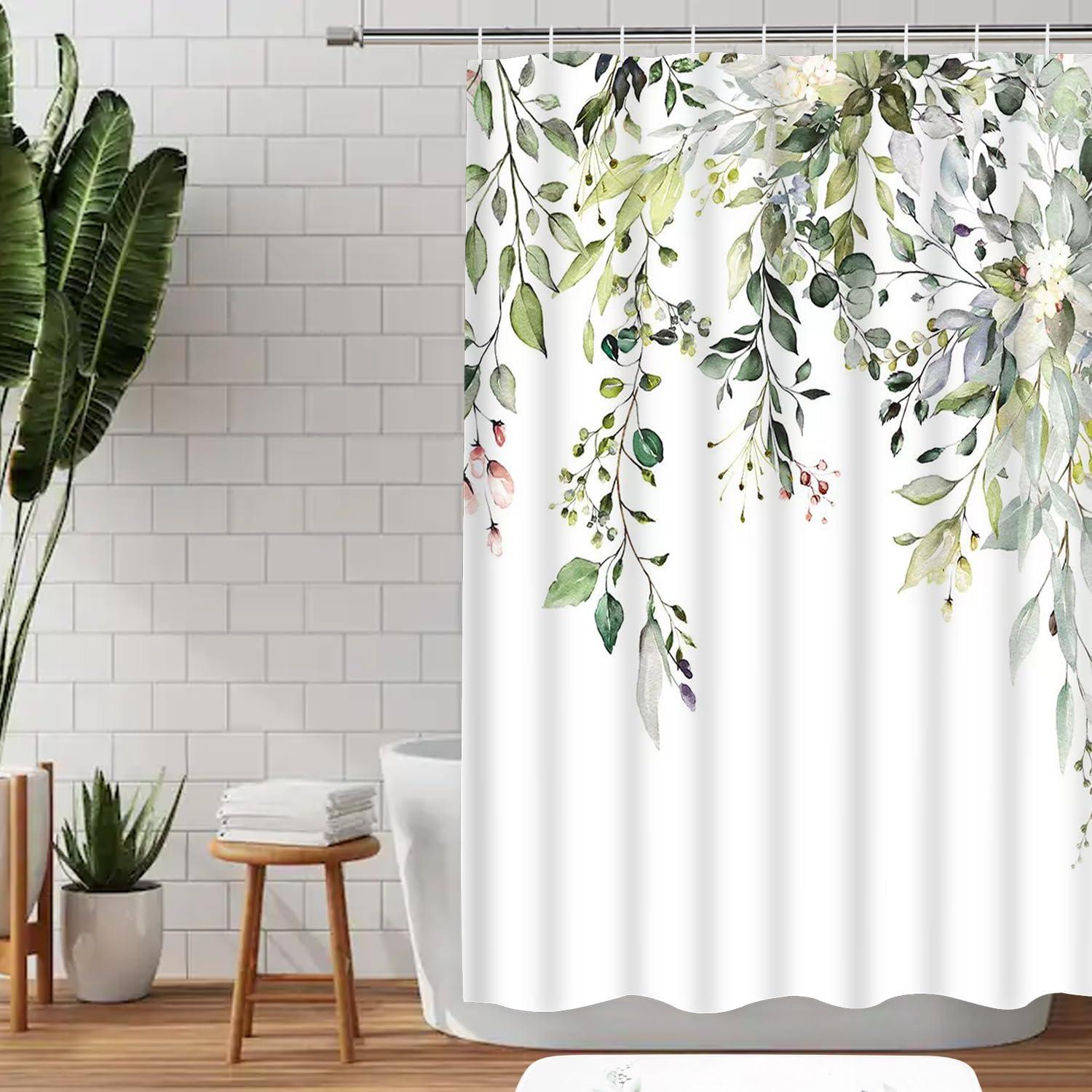 Eucalyptus Watercolor Leaves Semi-Sheer Waterproof Shower Curtain