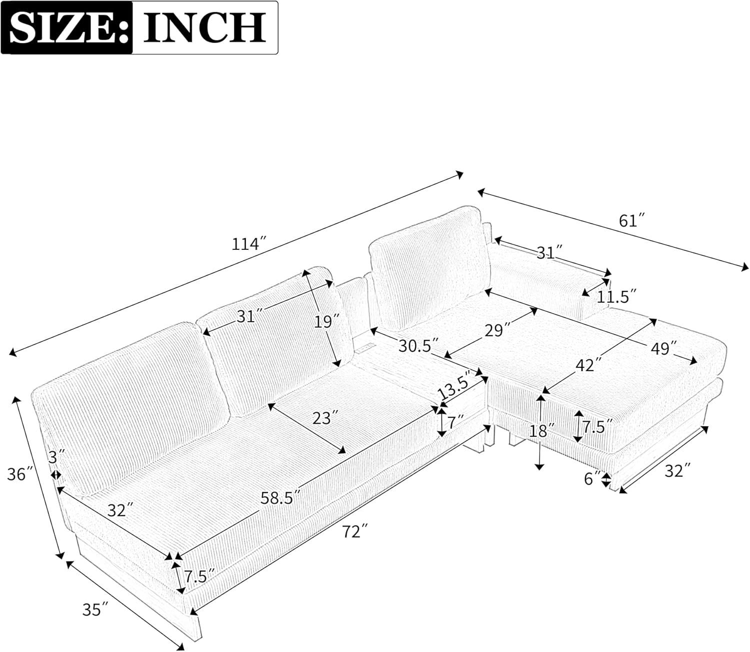 114" L-shaped Sofa Sectional Sofa with Two USB Ports and Two Power Sockets, A Storage Drawer and A Reversible Chaise Lounge for Living Room