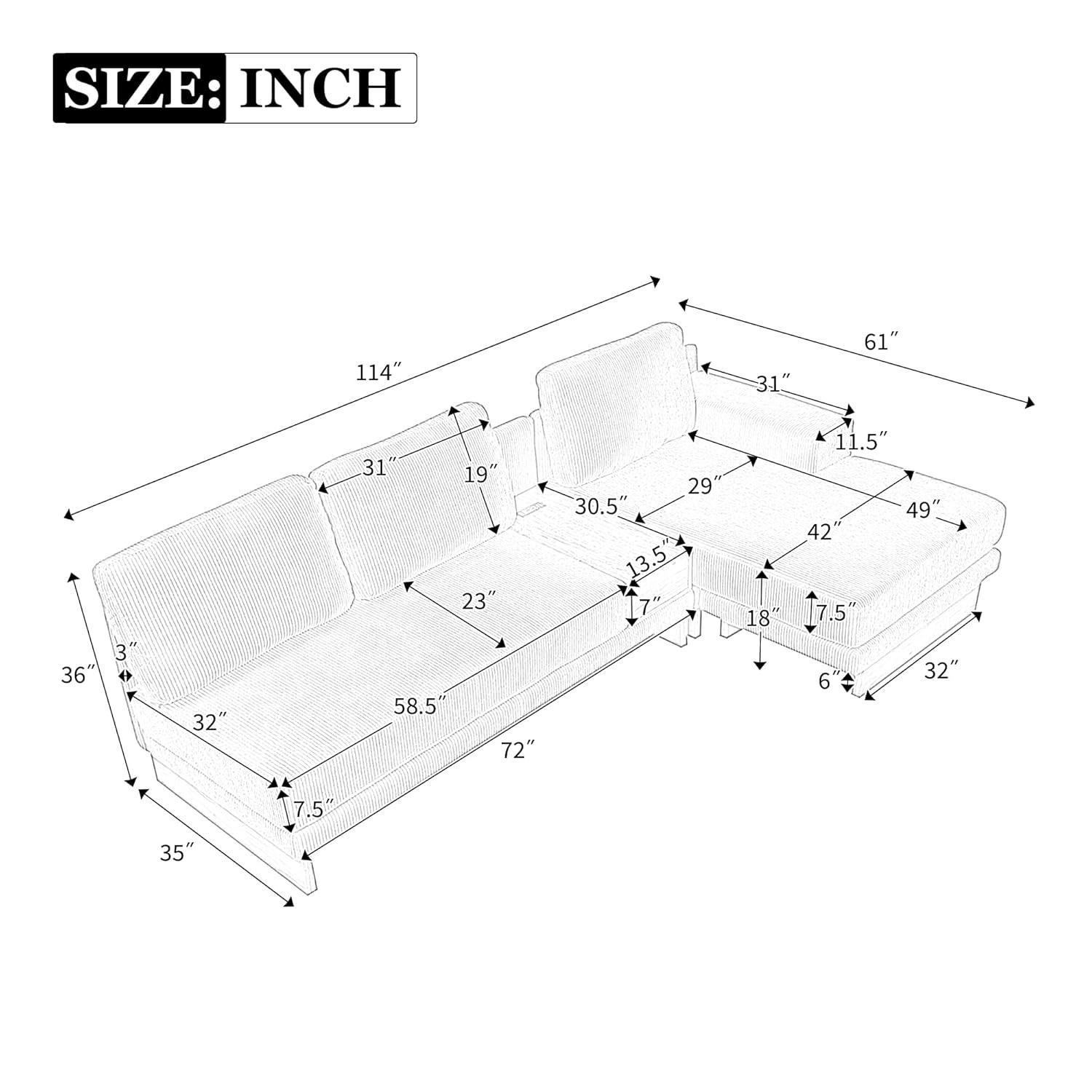114" L-shaped Sofa Sectional Sofa with Two USB Ports and Two Power Sockets, A Storage Drawer and A Reversible Chaise Lounge for Living Room