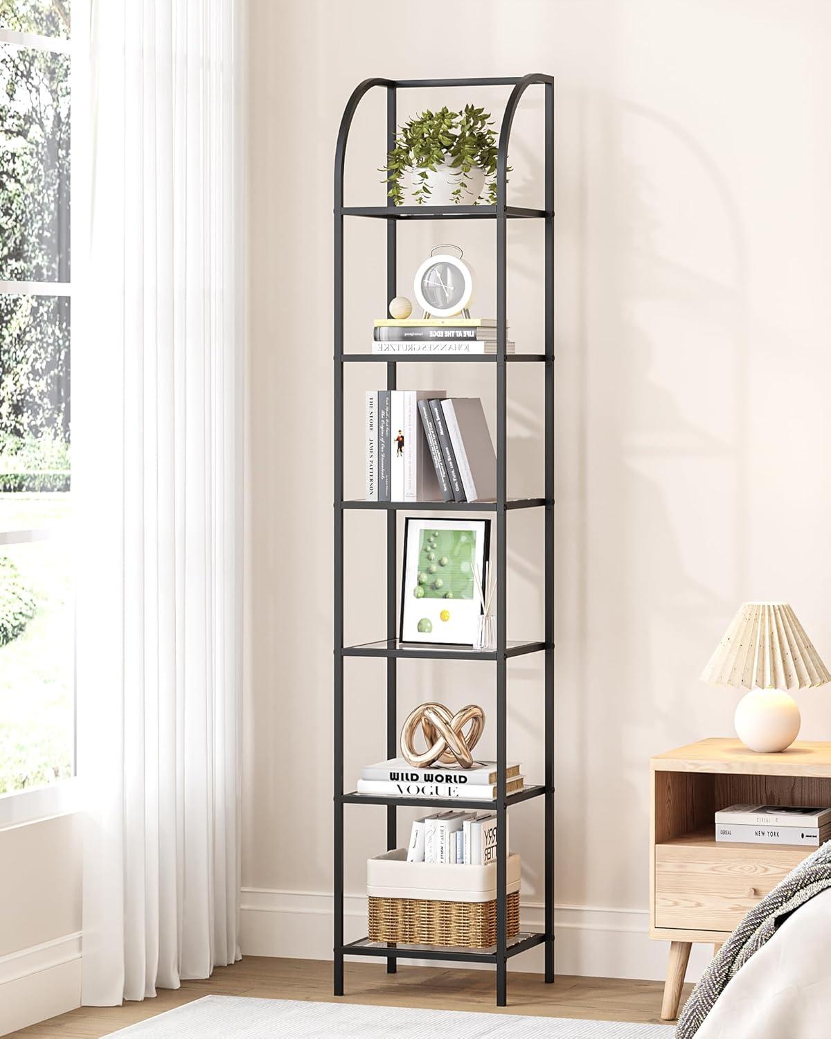 Bookcase Bookshelf, Tempered Glass Arched Bookshelf for More Storage, Slim Shelving Unit for Bedroom, Bathroom, Home Office, Steel Frame, 6 Tier Black BC20699B