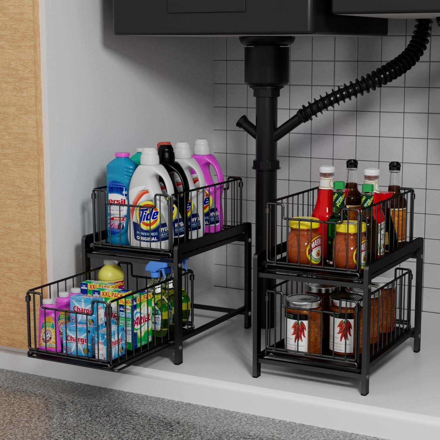 2 Tier Stackable Sliding Basket Under Sink Storage Pull Out Organizer Drawer for Kitchen Bathroom