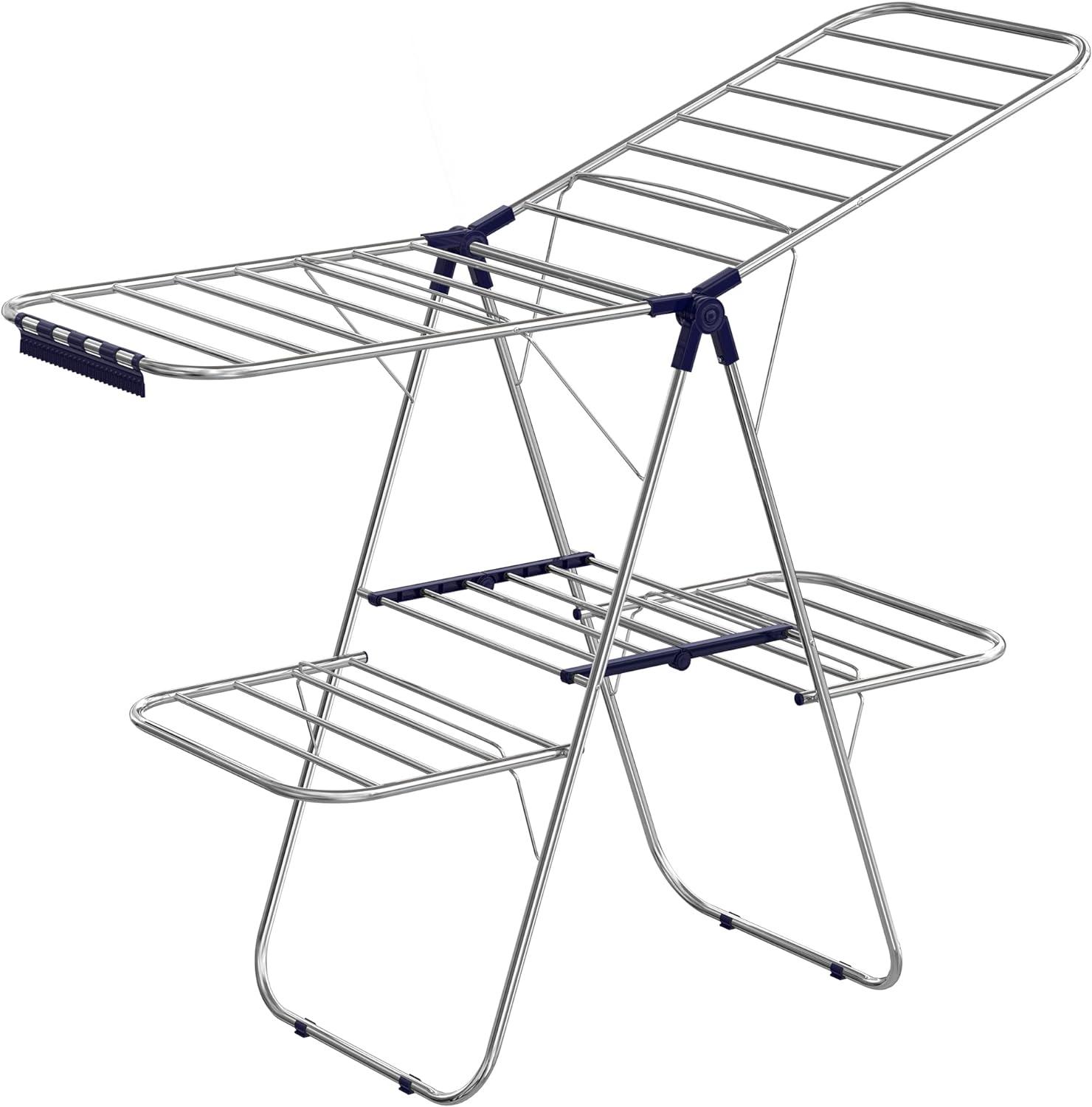 Foldable Silver and Blue 2-Level Clothes Drying Rack with Adjustable Wings