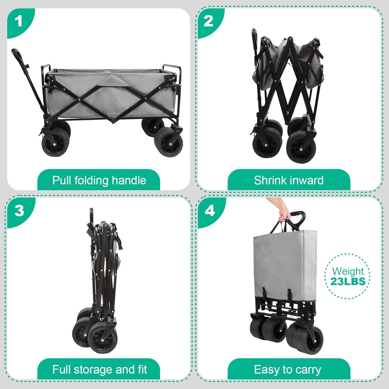 Heavy-Duty Gray Steel Folding Wagon with Adjustable Handle