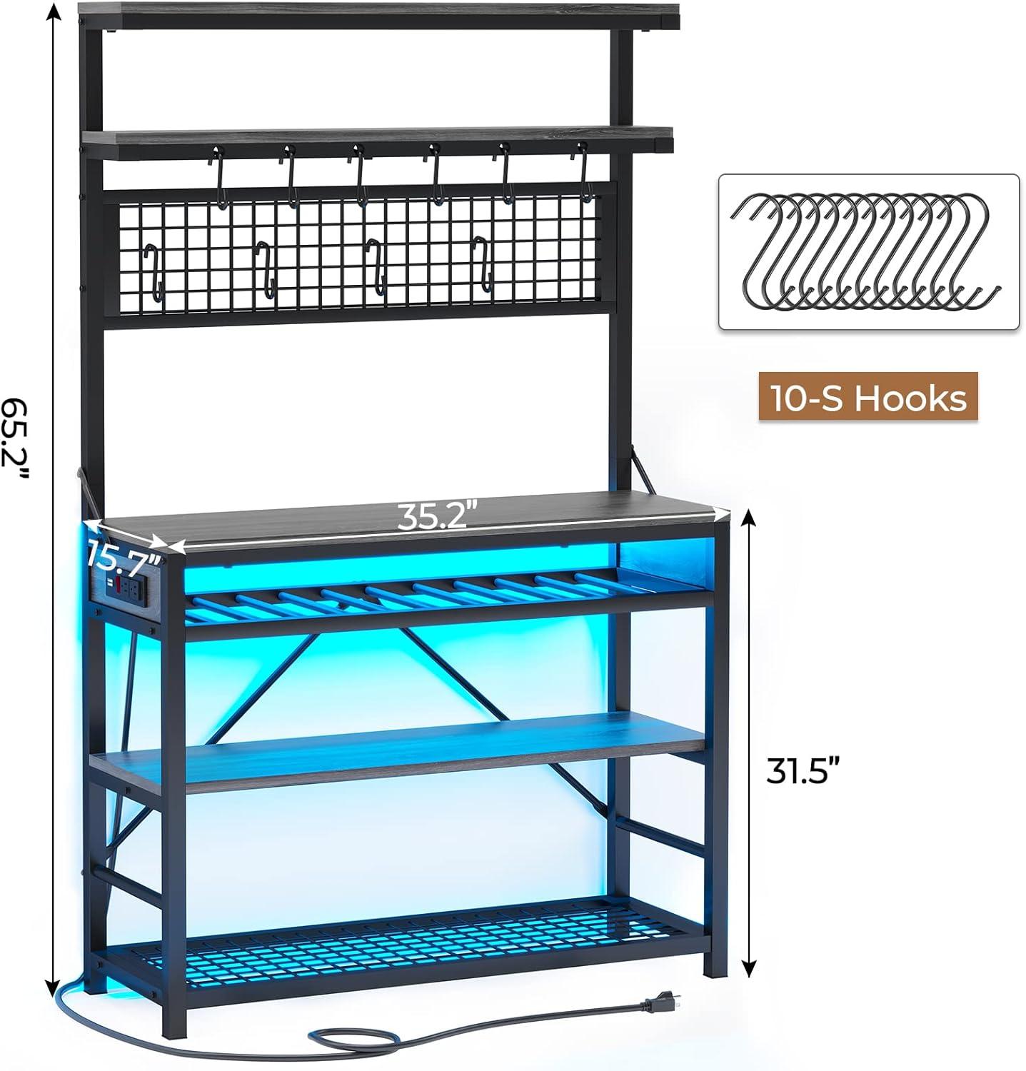 Gray 6-Tier Adjustable Baker's Rack with LED Lights and Power Outlet