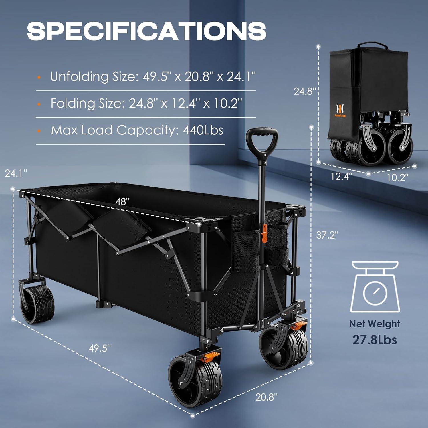 140L Collapsible Wagon Cart Foldable, Folding Utility Grocery Cart with Side Pocket and Brakes for Shopping, Sports, Camping and Garden, Black