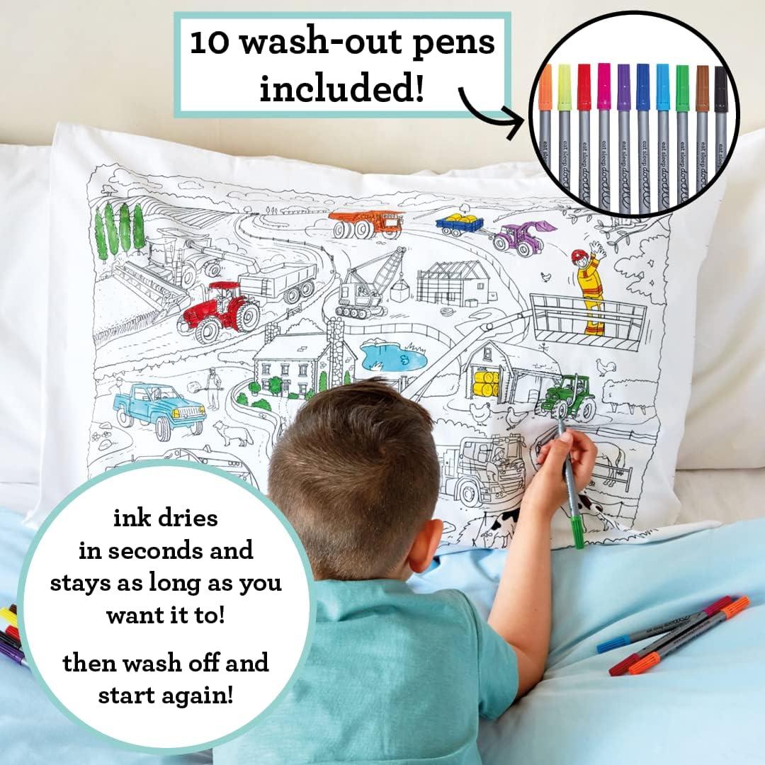 eatsleepdoodle Coloring Cotton Pillowcase with Washable Markers - Cars and Trucks Color in Activity Craft Kit for Boys and Girls Age 3+