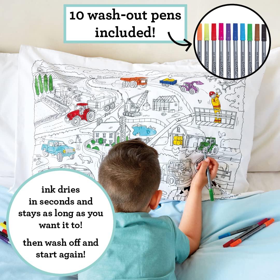 eatsleepdoodle Coloring Cotton Pillowcase with Washable Markers - Cars and Trucks Color in Activity Craft Kit for Boys and Girls Age 3+