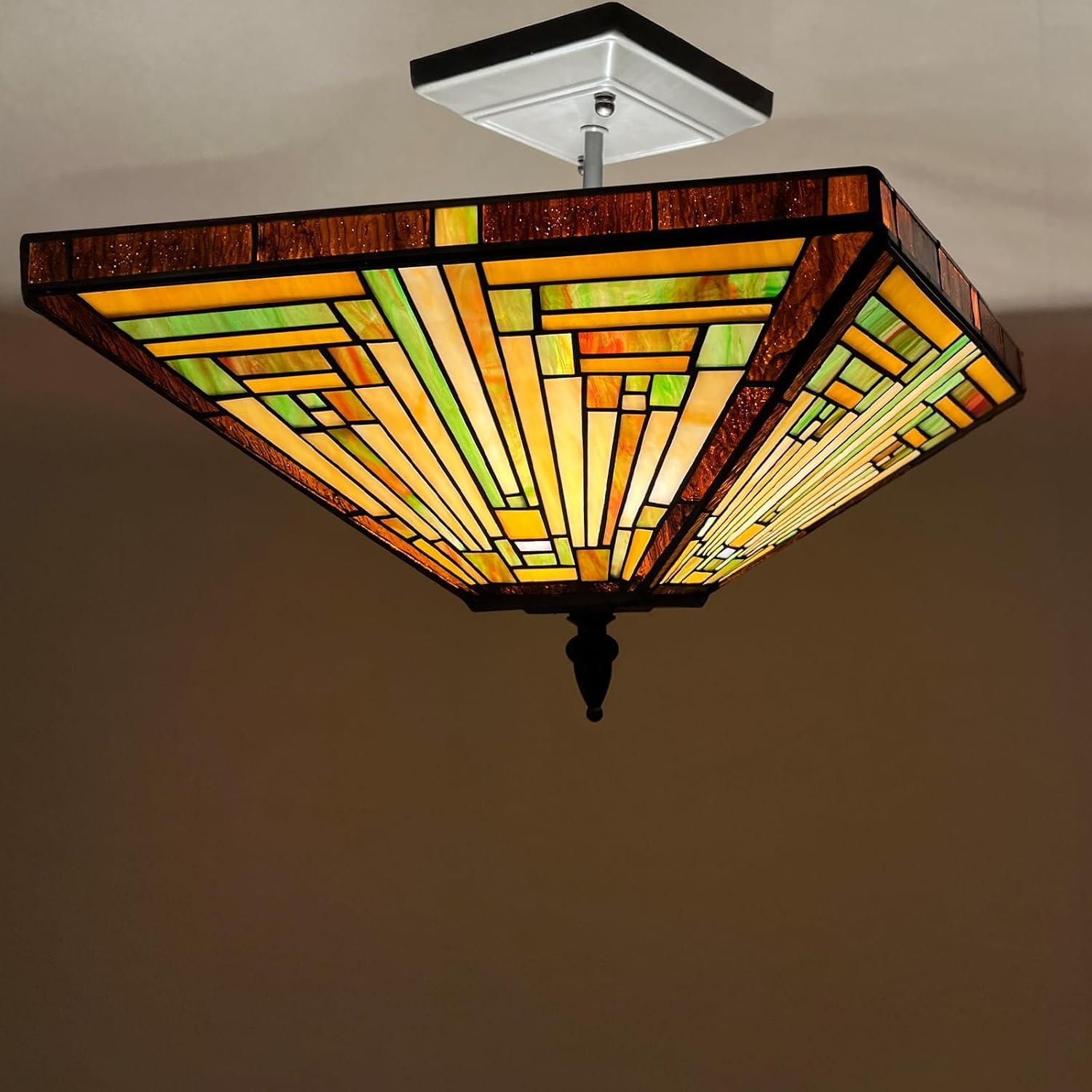 Chloe Lighting Innes Tiffany-Style 2 Light Mission Semi-Flush Ceiling Fixture 14" Shade