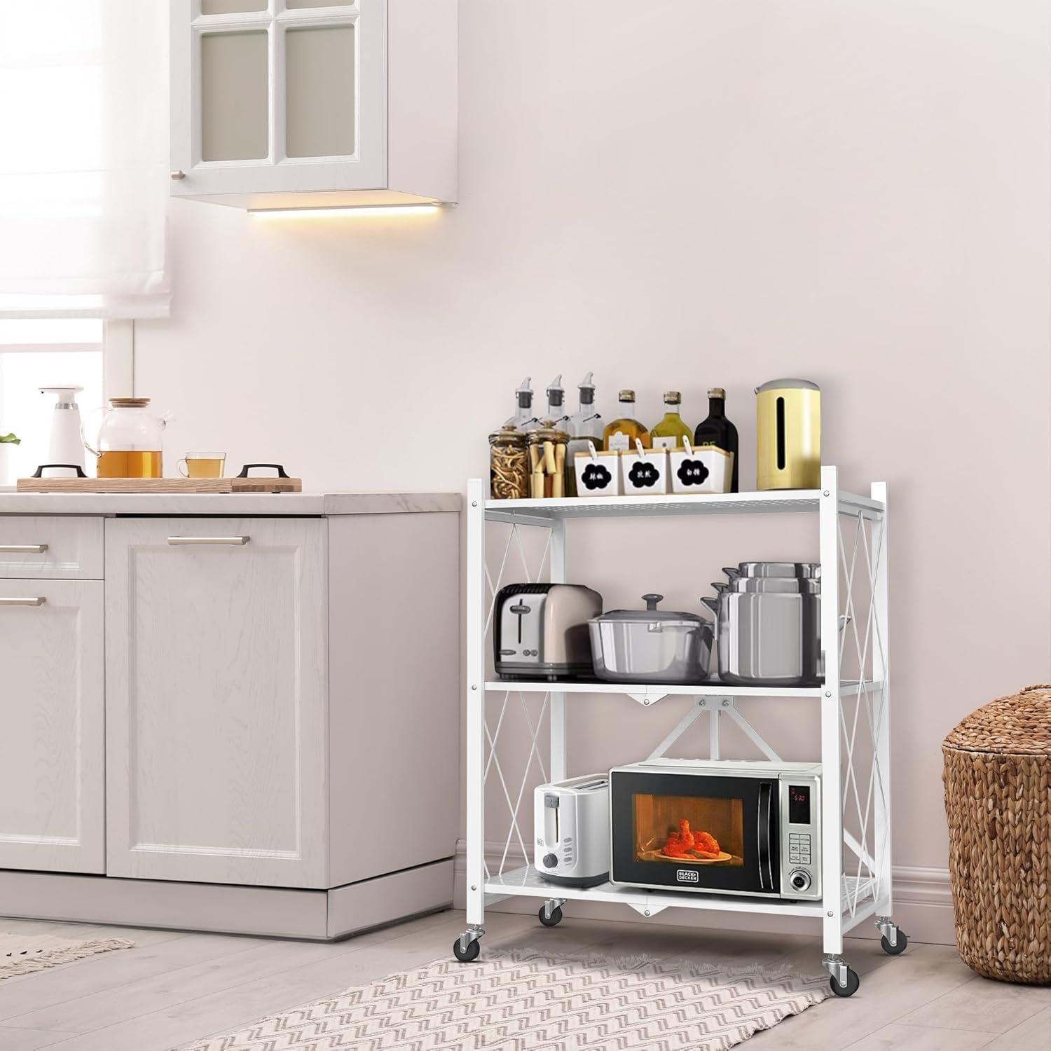 3-Tier Storage Shelves with Wheels, Folding Bookshelf No Assembly, Metal Display Shelf for Balcony, Kitchen, Basement, Pantry, White