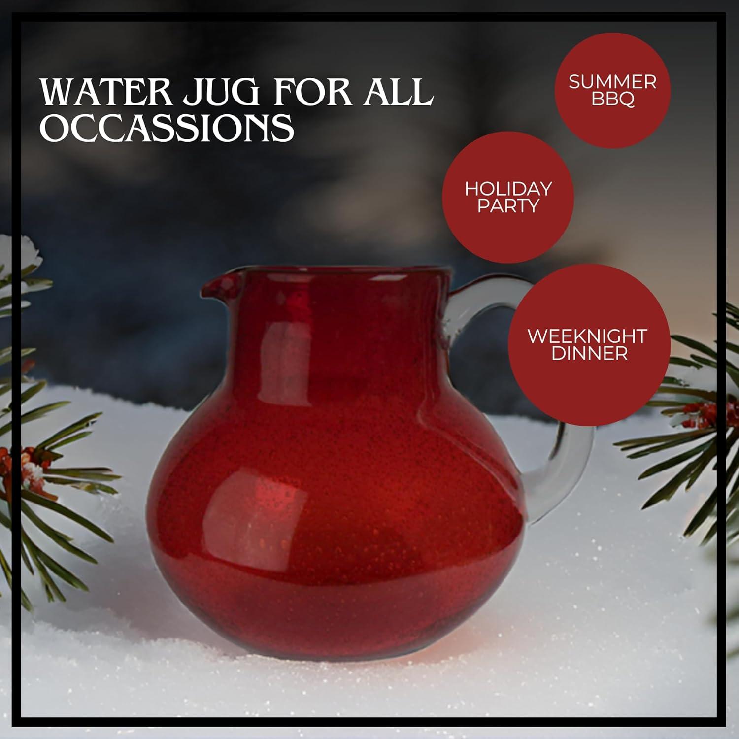 Artland Iris 90 Oz Handblown Glass Pitcher, Bubble Shape, Lead-Free, Versatile Drink Dispenser for Water, Juice, Cocktails, Dishwasher Safe - Ruby