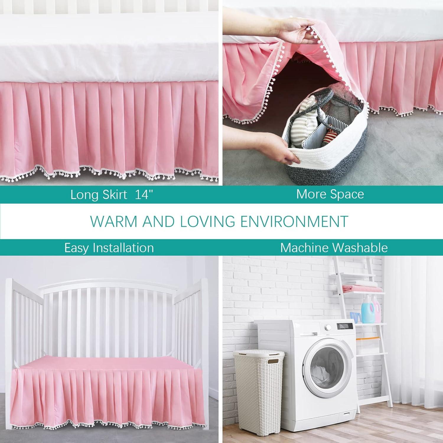 Pink Crib Skirt Pleated with White Lovely Pompoms, Bedding Dust Ruffle for Girls, 14" Drop, Fit All Standard Crib Bed, Fade Resistant Crib Bed Skirt Machine Wash