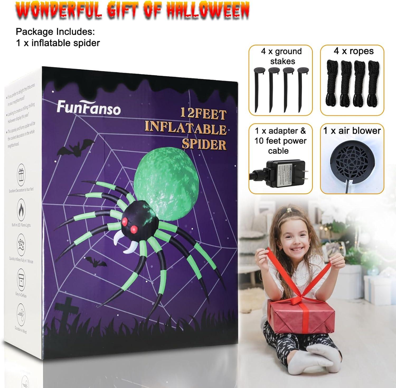 12FT Green and Black Inflatable Halloween Spider with LED Lights