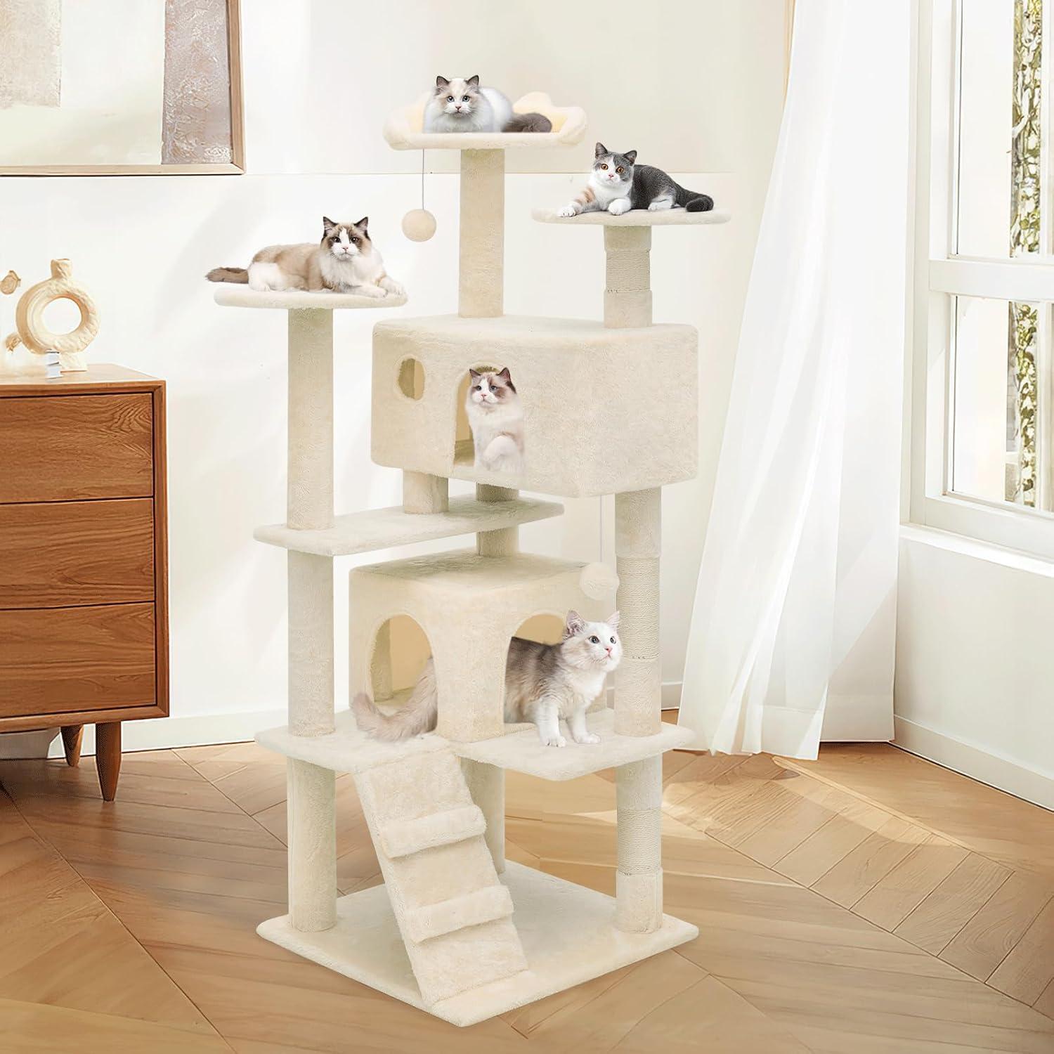 MoNiBloom 54" Cat Tree & Condo Scratching Post Tower, Beige