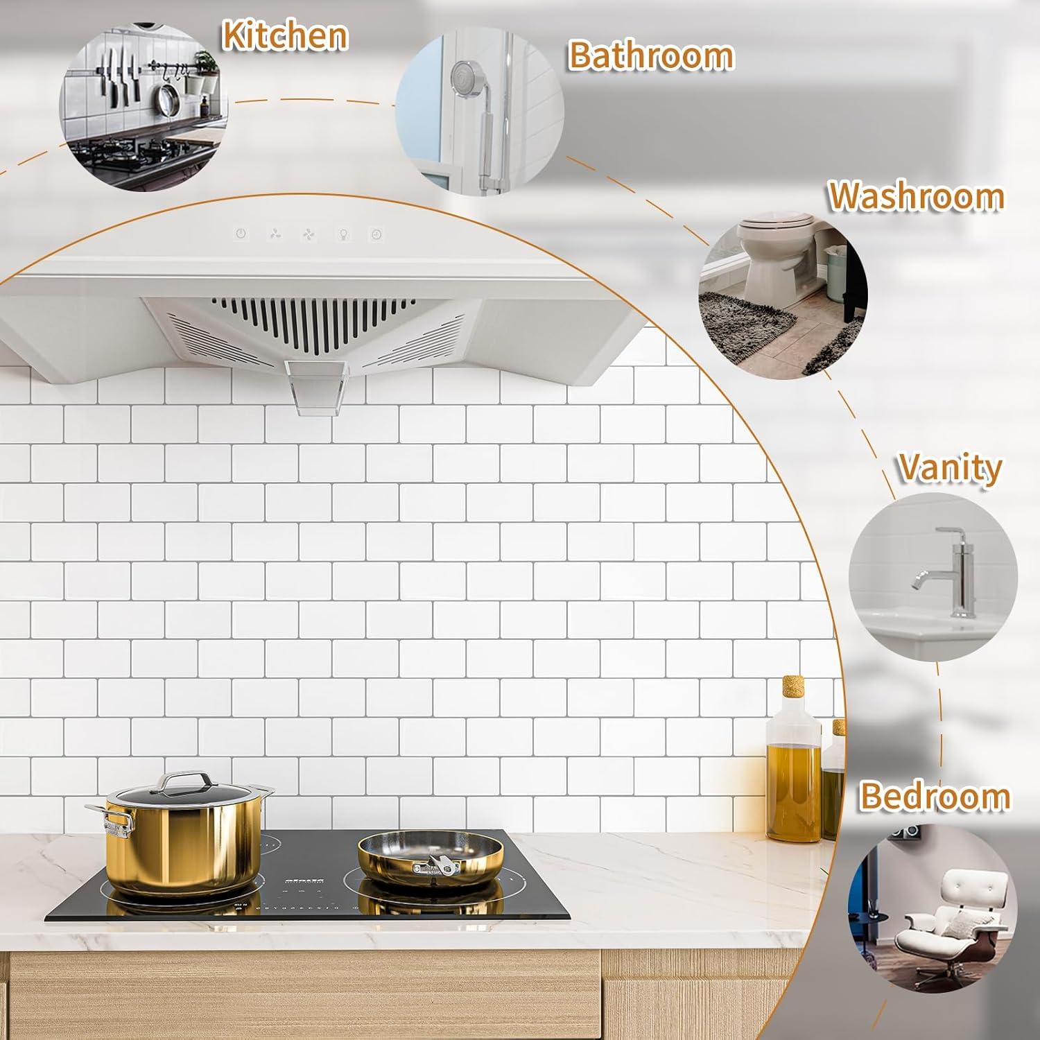 Art3d Peel and Stick Backsplash Tile, 10-Sheet Stick on Subway Tiles for Kitchem, Bathroom Back Splashes, 12"x12", Warm White with Black Grout