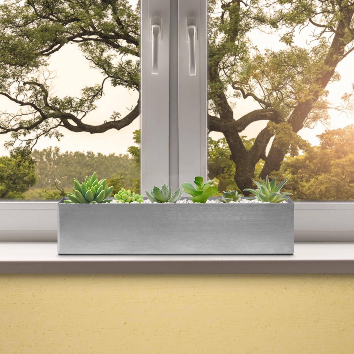 16" Window Box Rectangular Succulent Planting Box Metal Table Sill Planter Pots Modern Long Durable for Small Herb with Drainage Hole for Indoor Outdoor, with 4 Free Rubber Mats, White