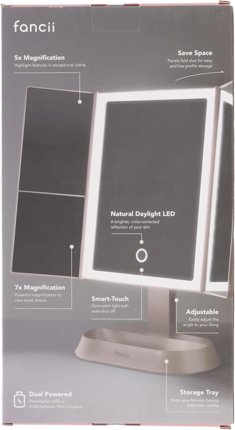 Rose Gold Trifold Vanity Mirror with LED Lights and Magnifications