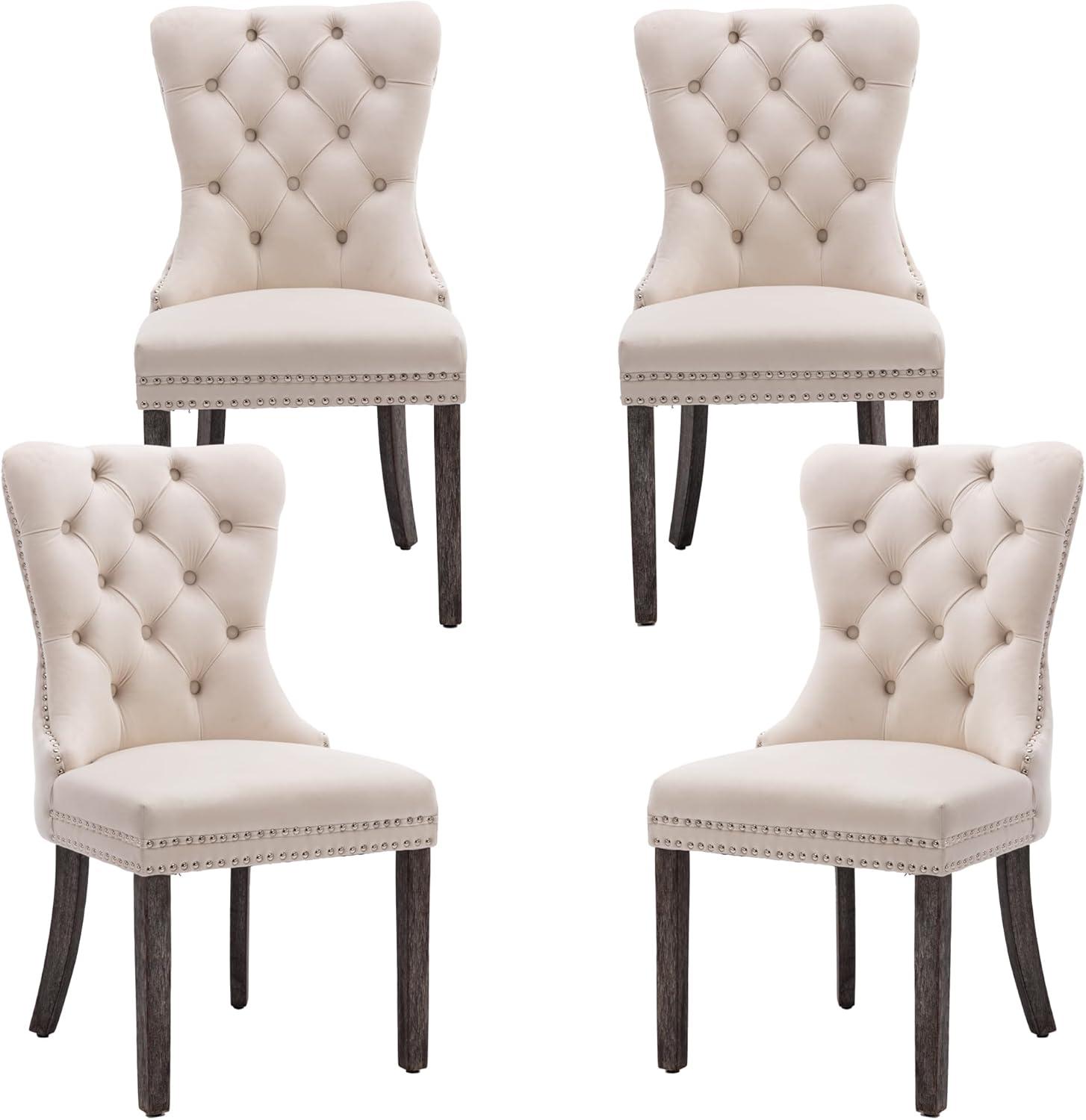 Velvet Dining Chairs Set of 4, Nikki Collection Dining Room Chairs with Wood Legs and Pull Ring, Luxury Side Chair with Nailhead Trim and Button Tufted Back, Beige