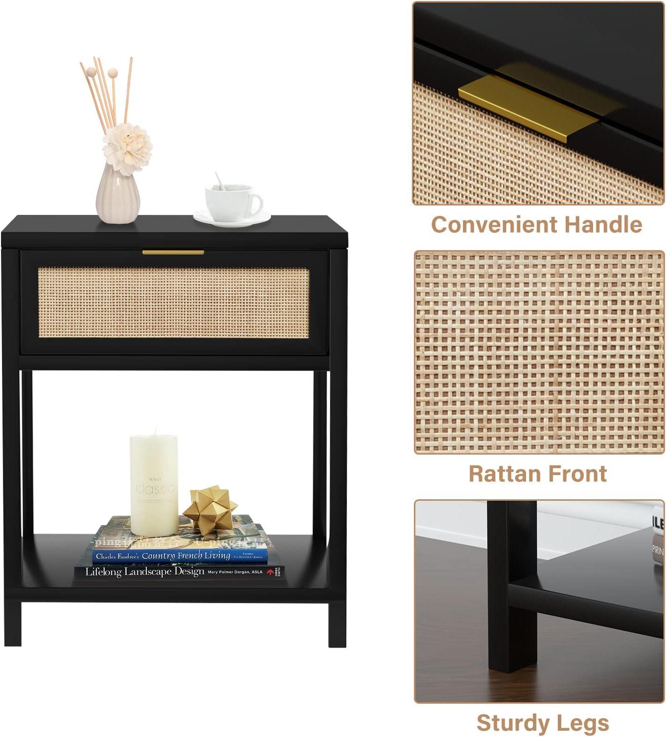 Eumyviv 24" H Wood Nightstand, Mid-Century Modern End Table with Storage Drawer, Rattan Bedside Table, Black Finished Sofa Side Table for Living Room Bedroom,H0020
