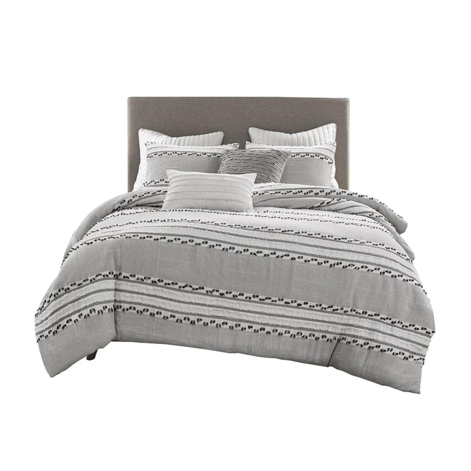 Full/QueenLennon Organic Cotton Jacquard Comforter Set Charcoal Gray: Farmhouse Style, OEKO-TEX Certified, 3-Piece Set