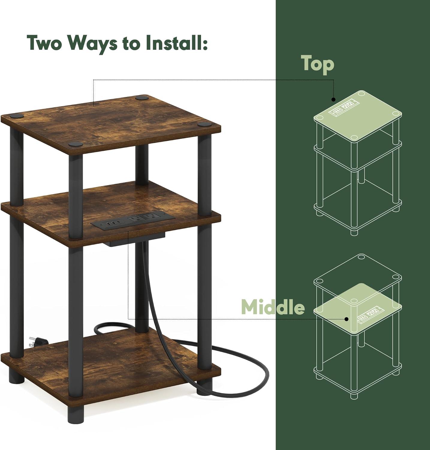 Furinno Just 3-Tier Turn-N-Tube USB and Type-C Charging Port End Table with Open Storage, Amber Pine/Black